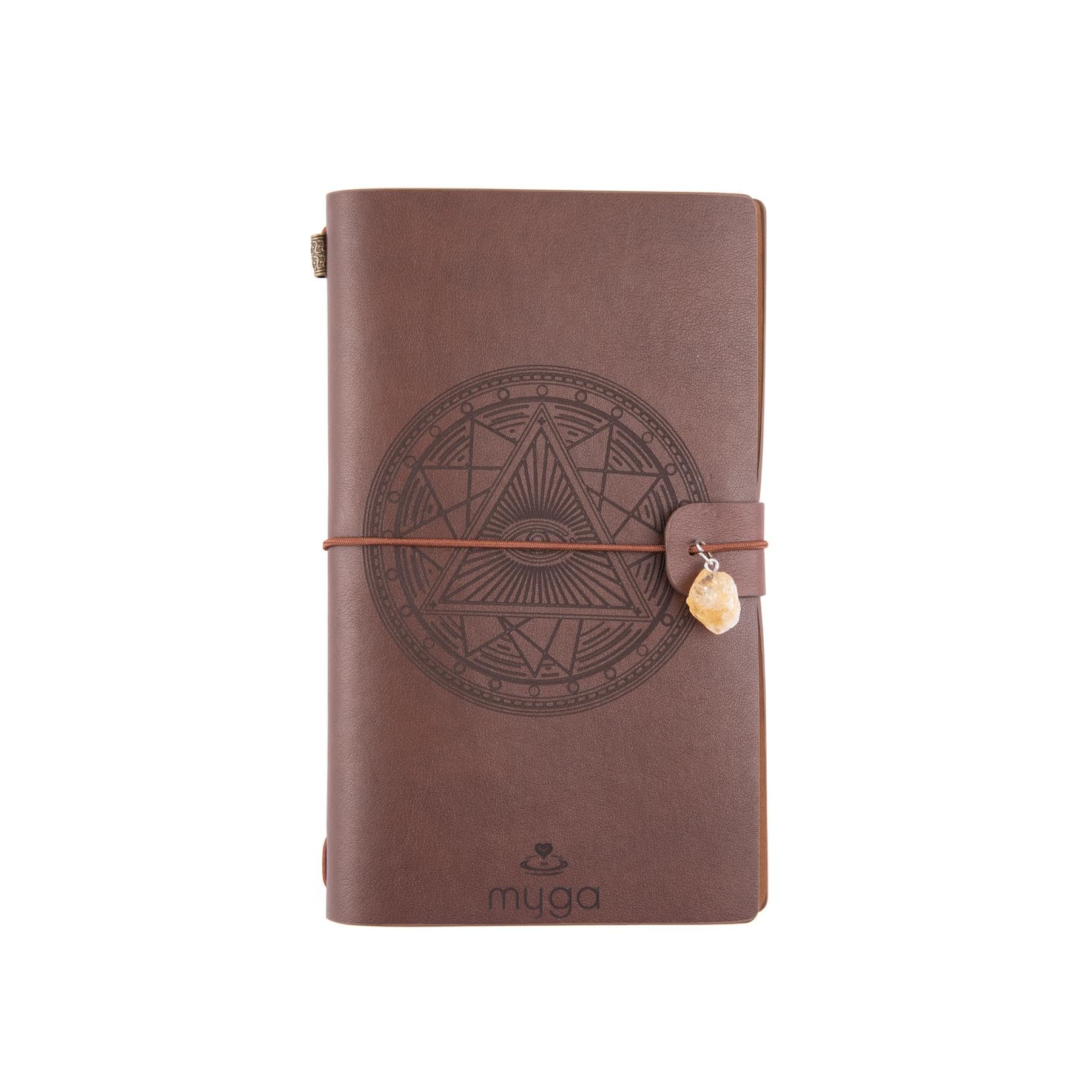 Myga Crystal Notebook - 72 Page Thick Paper Refillable Blank Lined Writing Notebook Journal Diary with Pockets, Bookmarks and Elasticated Strap for Men & Women - Tarot Eye & Citrine