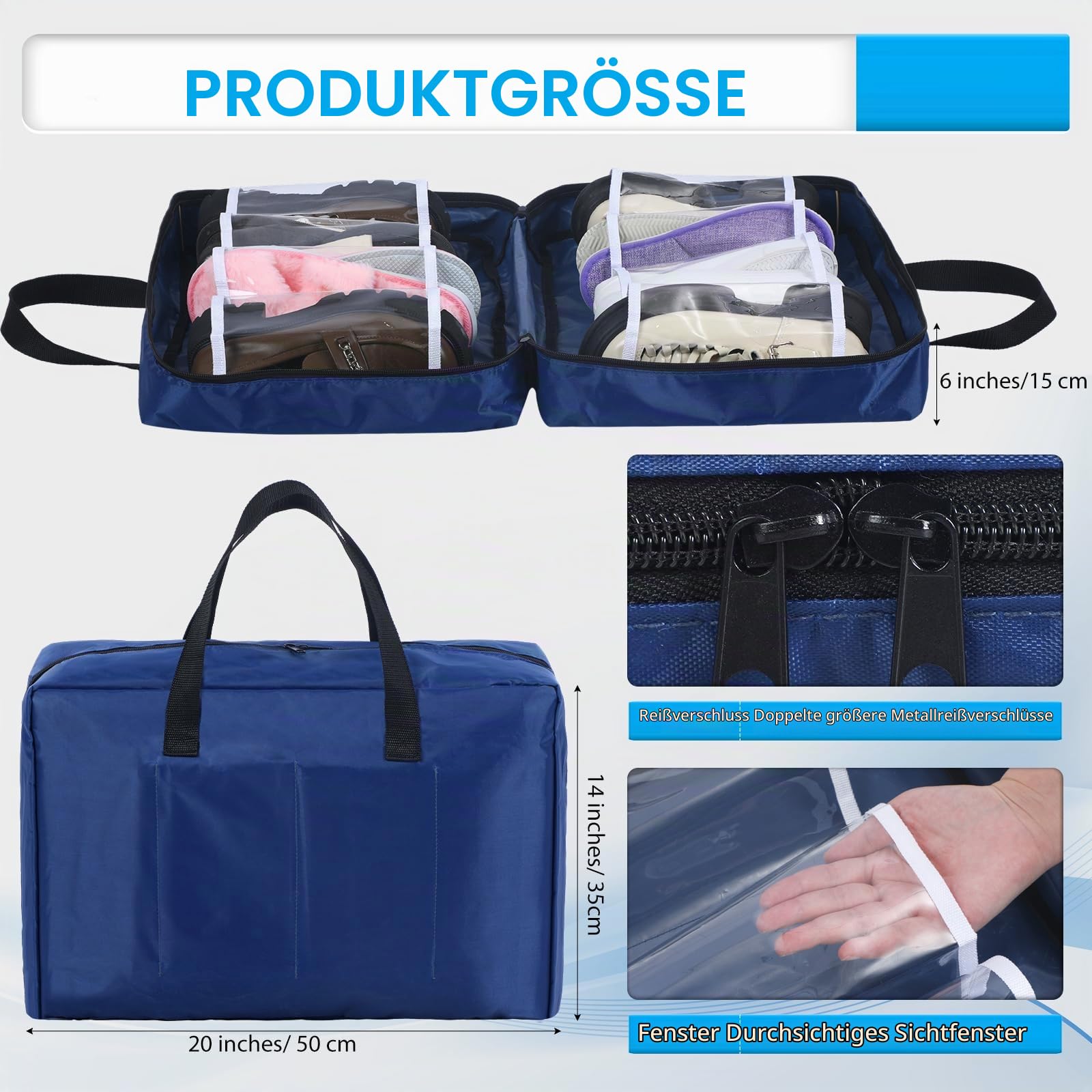 Schuhbeutel für Reisen mit Griff, Reißverschluss, groß, tragbar, Schuh-Organizer, Gepäckaufbewahrungstaschen für Damen und Herren, 2 Stück, Schwarz, Blau