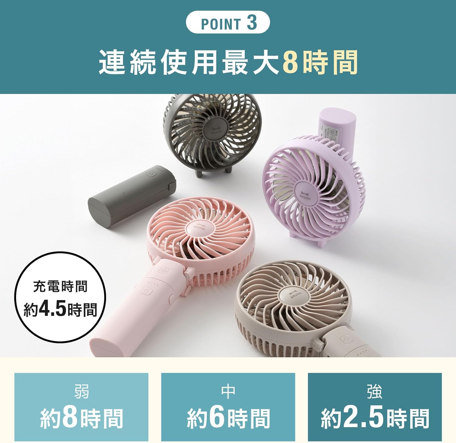 BRUNO ブルーノ ハンディファン 扇風機 ポータブル ミニファン 卓上 Type-C充電 折りたたみ モバイルバッテリー 持ち運び ライラック パープル 紫 BDE029-LI