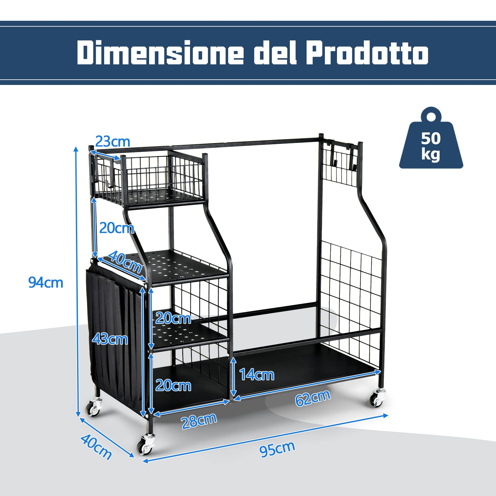 COSTWAY Organizer per Sacca da Golf per Garage, Carrello per 2 Borse da Golf con Ruote Bloccabili, Ganci e Tasche Porta Mazze da Golf, Organizer per Accessori da Golf e Attrezzature Sportive