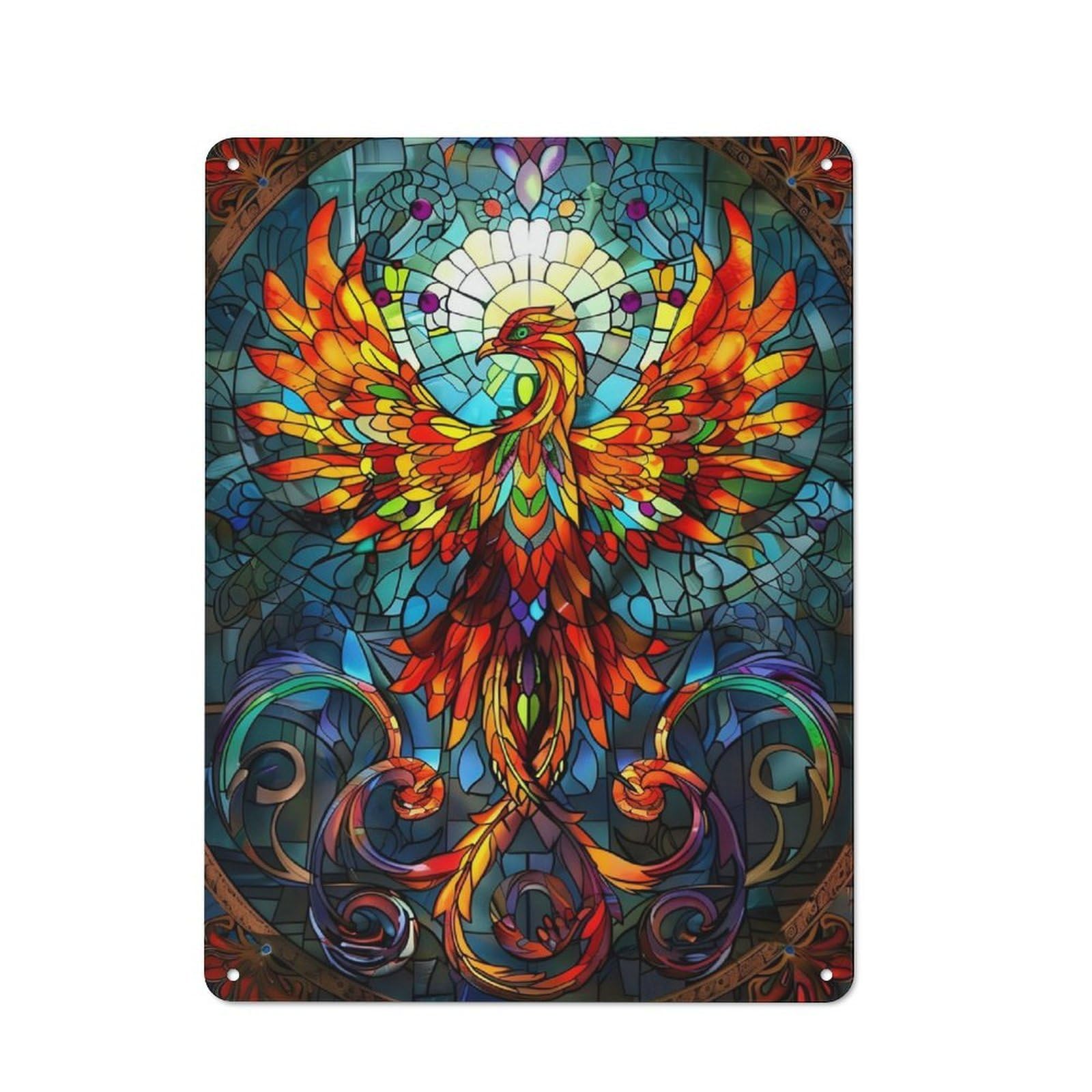 Junmoney Phoenix Stained Glass Printed Metal Sign 40X30cm For Living Room Or Hallway, For Home Wall Decor Collectors