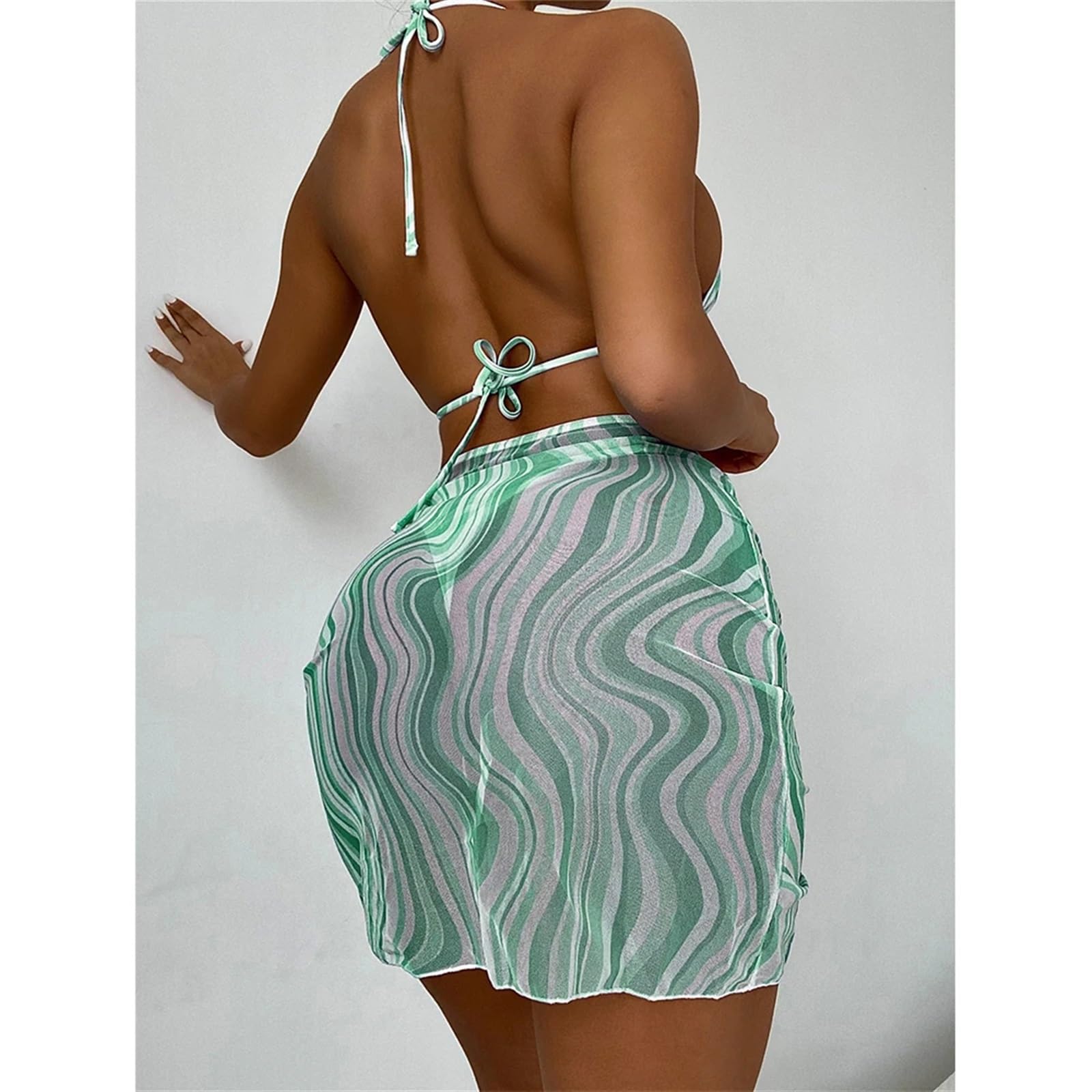 Conjunto de Bikini Conjuntos de Bikini con Estampado Ondas, Trajes baño Plisados ​​para Mujer, Traje 3 Piezas, minifaldas Cordones