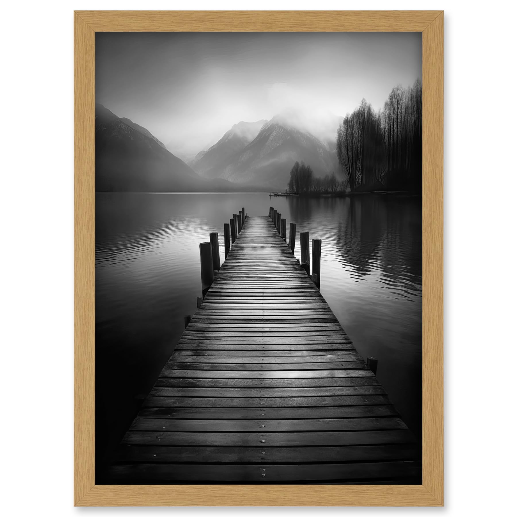 Artery8 Lake Pier Mountain Landscape Black and White Photo Artwork Framed A3 Wall Art Print