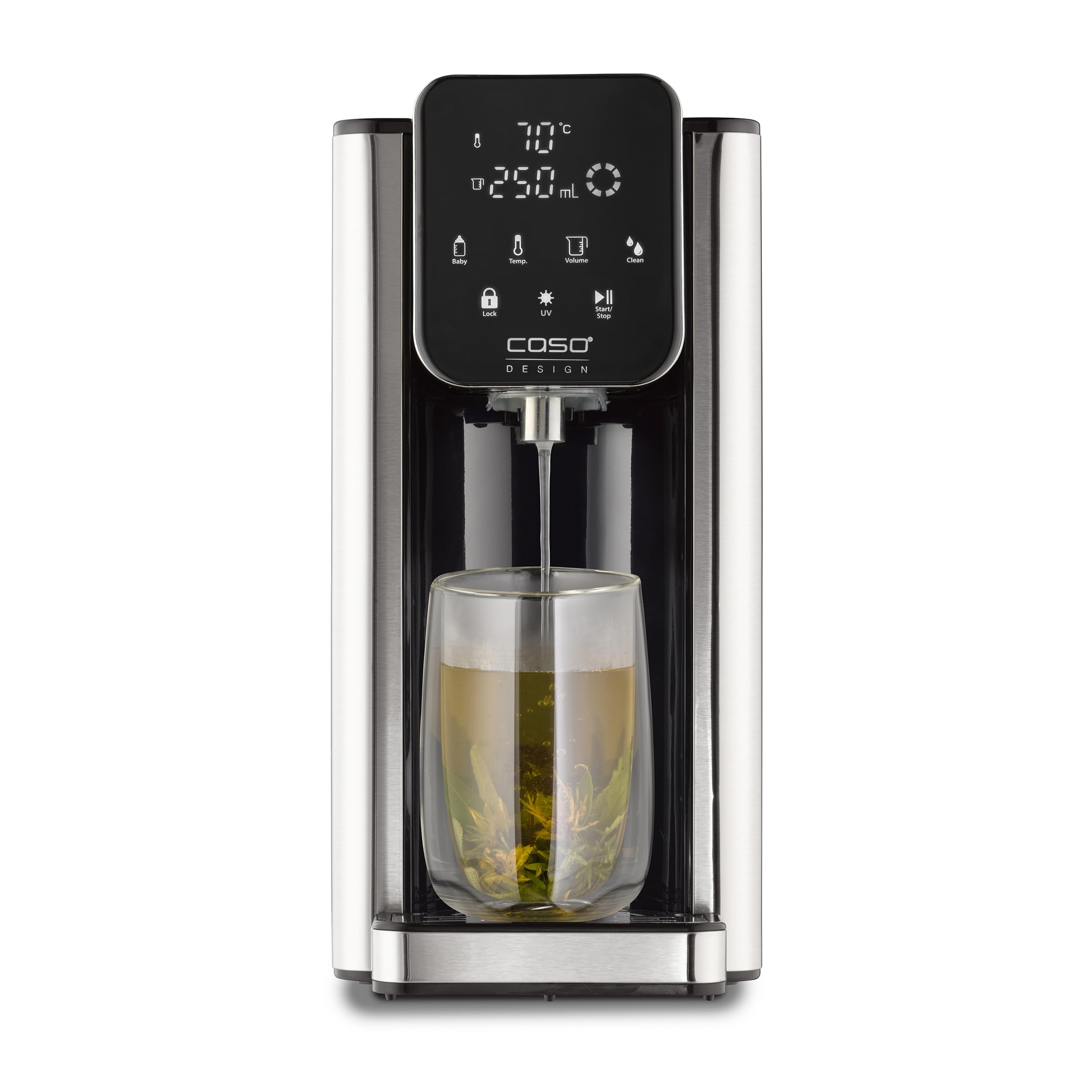 CASO HW 666 Inox UV - Distributore di acqua calda con tecnologia UV, purificazione dell'acqua igienica per alimenti per bambini, 40-100°C, 2600 Watt, 2,7 litri, risparmio energetico, elemento