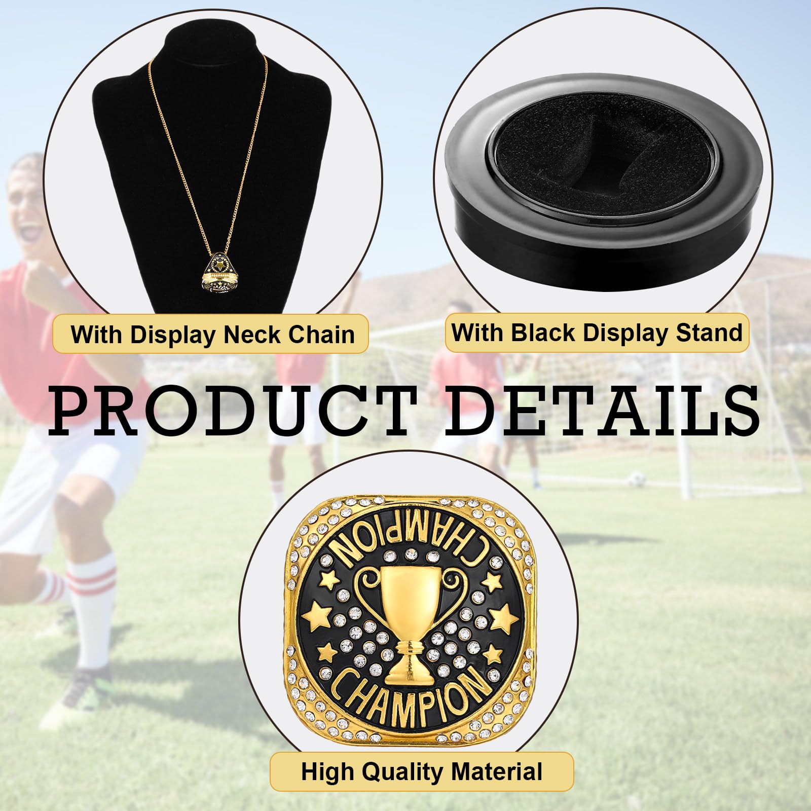 Highergo Champion-MVP-Ringe mit Ständer und Halskette, Größe 11, Baseball, Fußball, Basketball, Volleyball, Fußball, Trophäe, Ringe für Gewinner, Turnierpreis, Geschenk, 1 Stück
