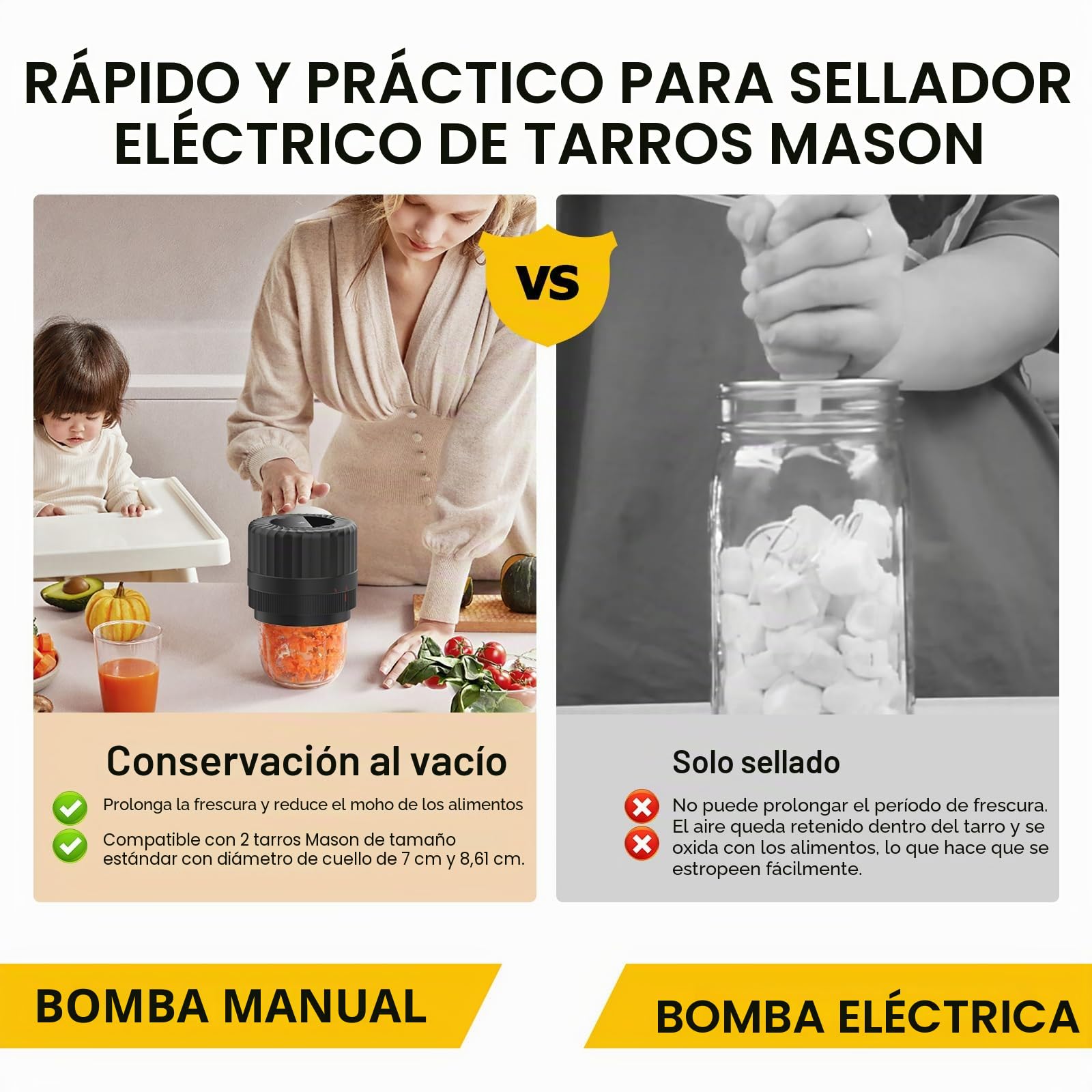 Sellador Eléctrico al Vacío para Tarros de Conservas, Sellador al vacío para tarros de conserva con tapas normales Mason Jar Selladora al Vacío Kit para el Almacenamiento de Alimentos