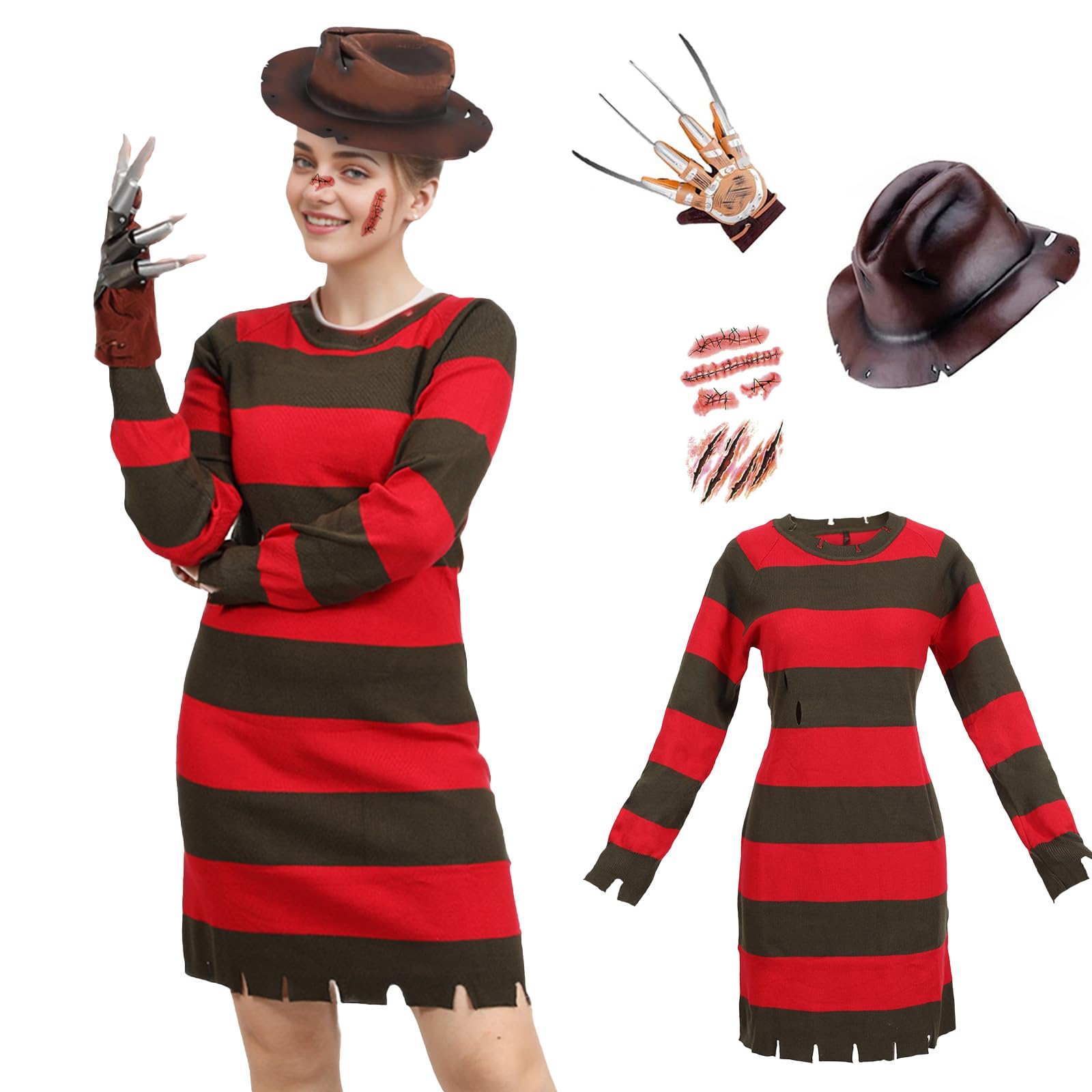 Makoike 4Pcs Freddy Krueger Costume Women Halloween Nightmare Killer Knitted Dress Hat Gloves Scar Stickers Carnival Costume — image 1
