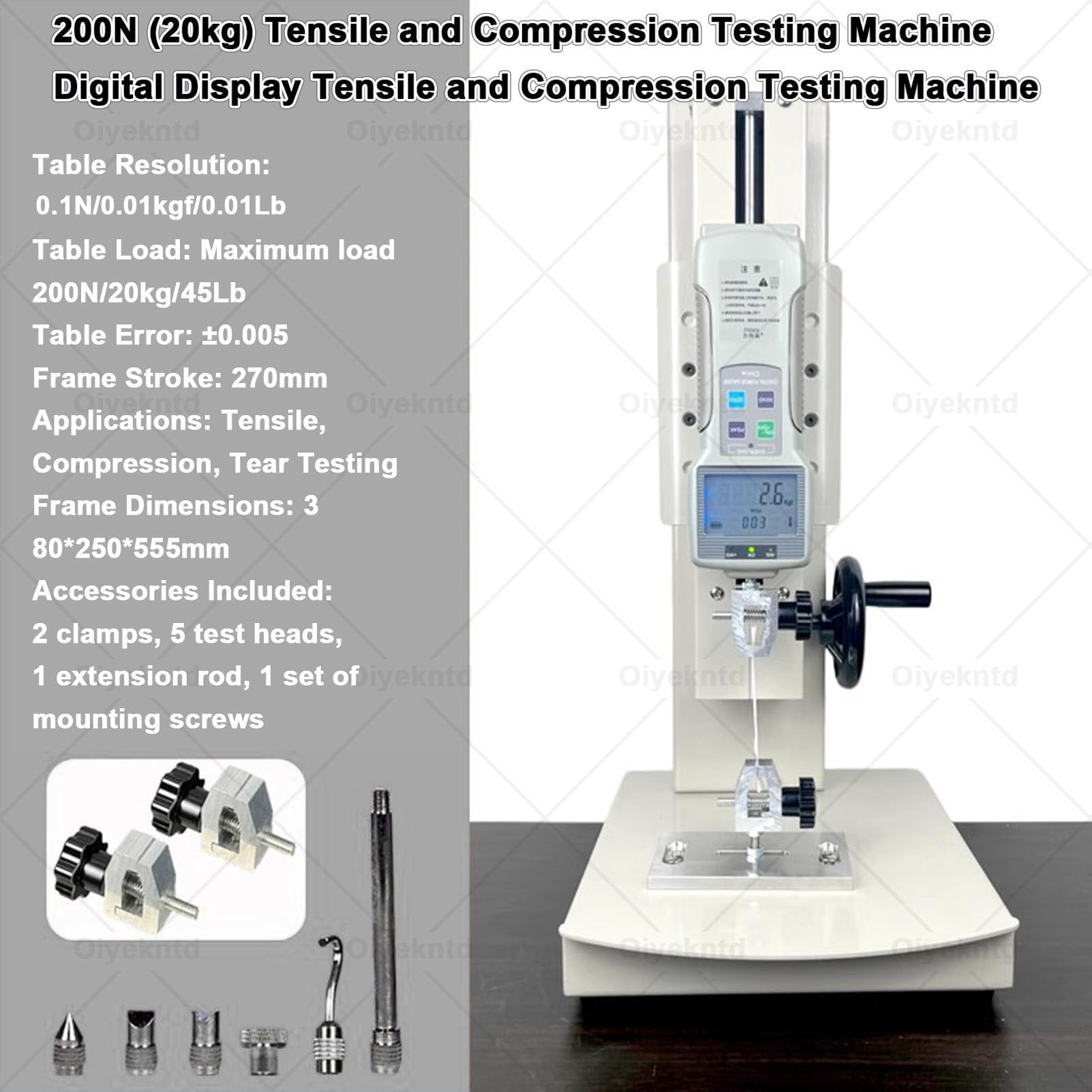 Digitale manuelle Zugprüfmaschine mit Handkurbel, 5 Messspitzen und 2 Klemmen, 270 mm Hub für Druck- und Zugprüfungen