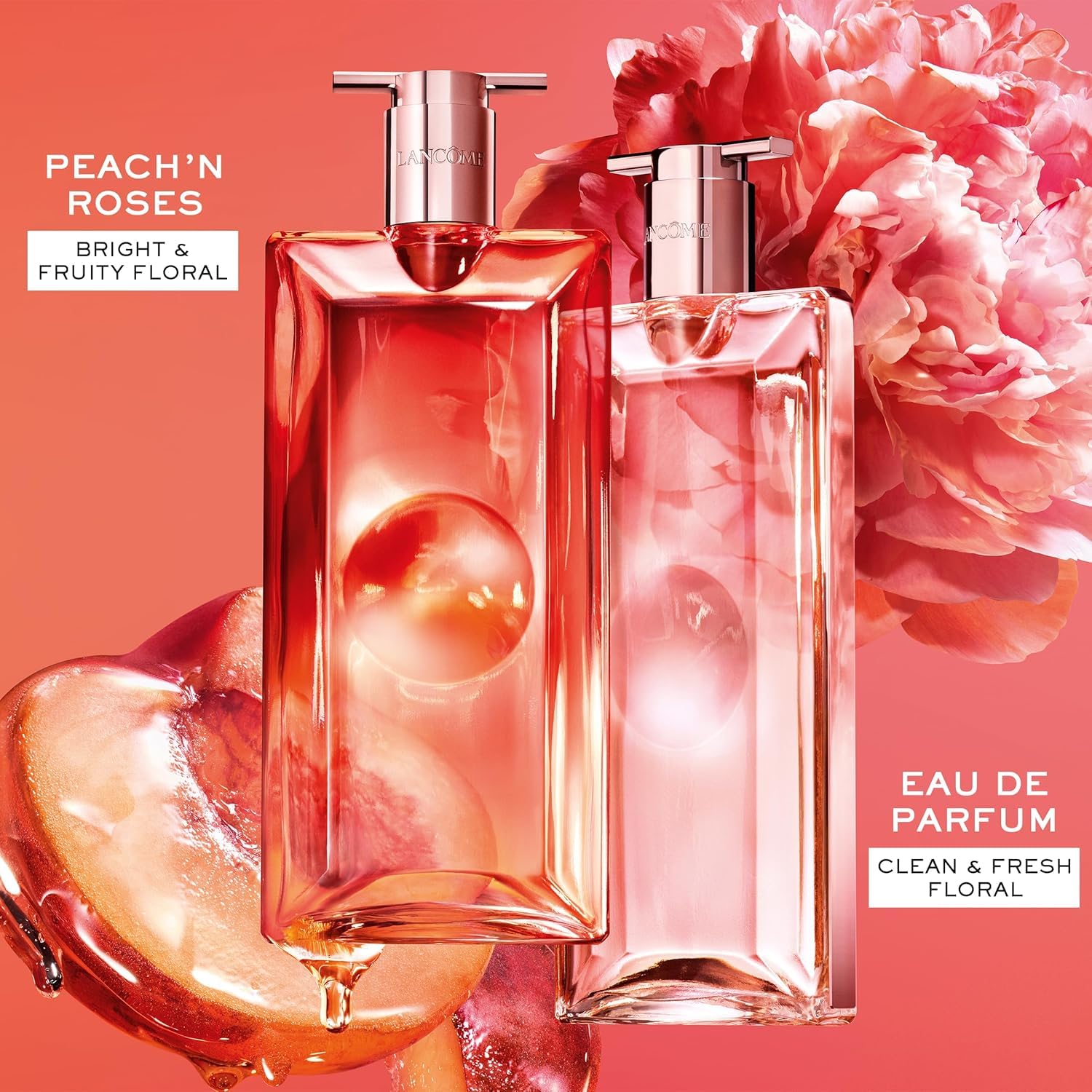Lancôme Idôle Peach'N Roses Eau de Parfum, długo utrzymujący się owocowo-kwiatowy zapach damski z soczystą brzoskwinią i różą damasceńską, promienna świeżość i kobieca elegancja, luksusowy zapach, 100