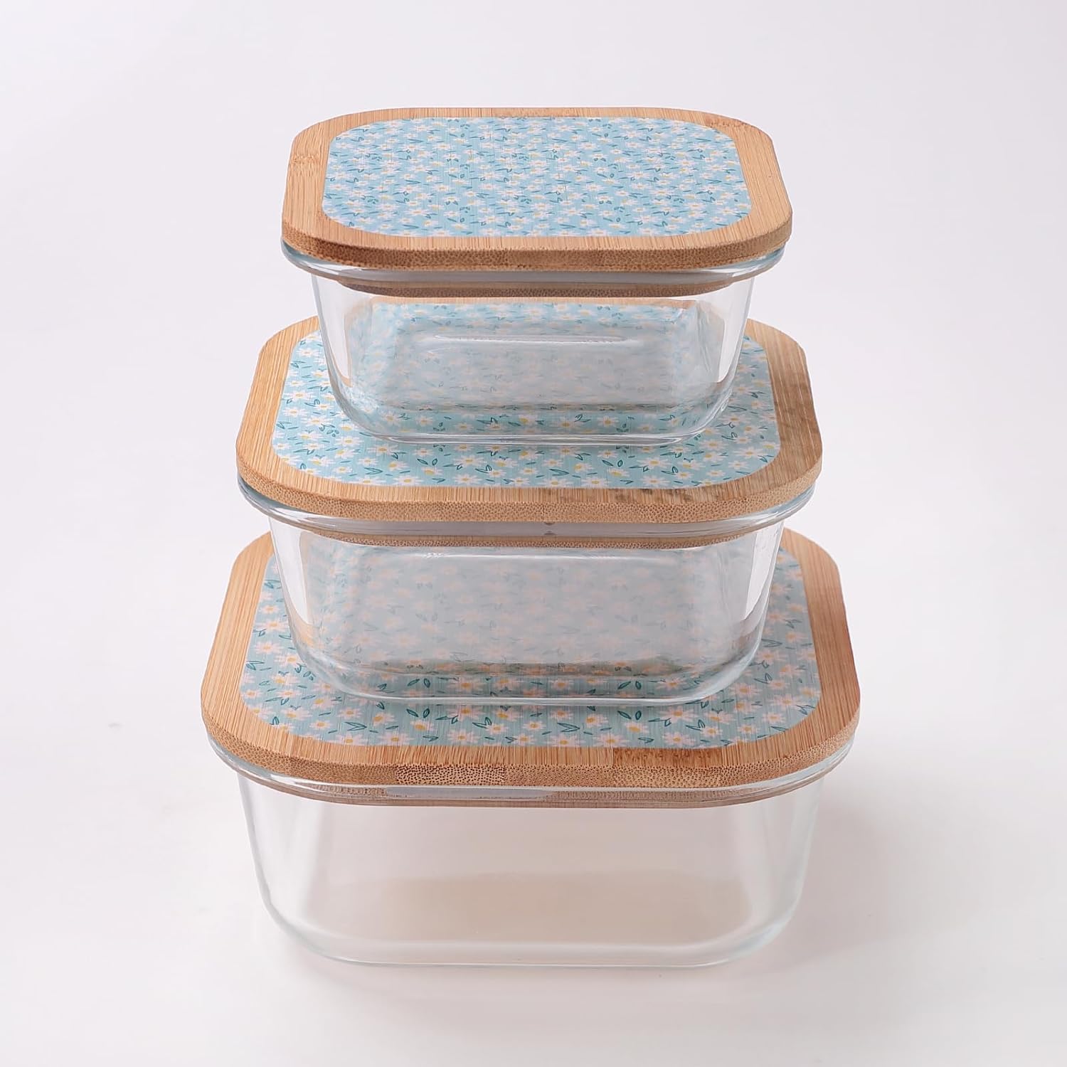 Kuber Industries Borosilicate Food Container - Square (Dandy Daisies) | SAN008-DDS | Pack Of 3