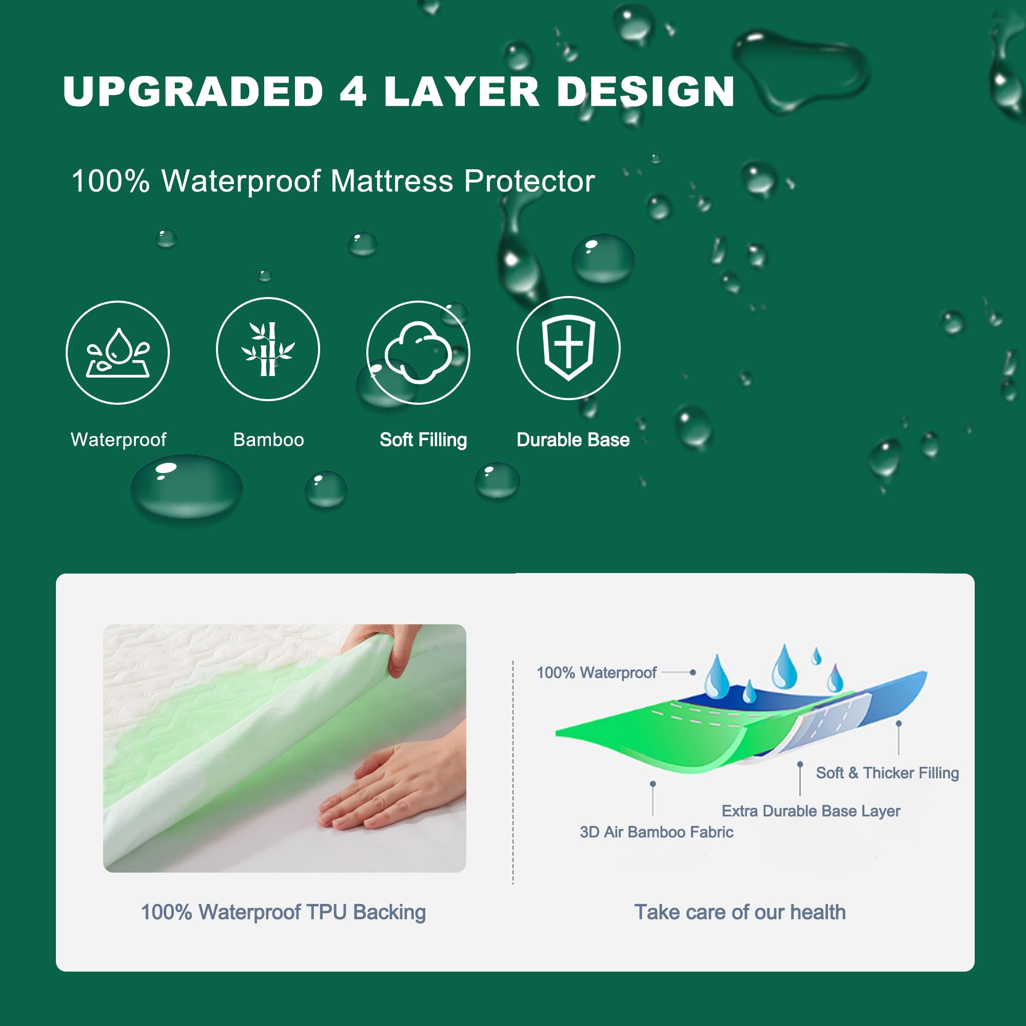 Confezione da 2 coprimaterassi impermeabili king size, in bambù, raffreddamento 3D, silenzioso, traspirante, con tasca profonda da 20,3 a 53,3 cm, lavabile in lavatrice