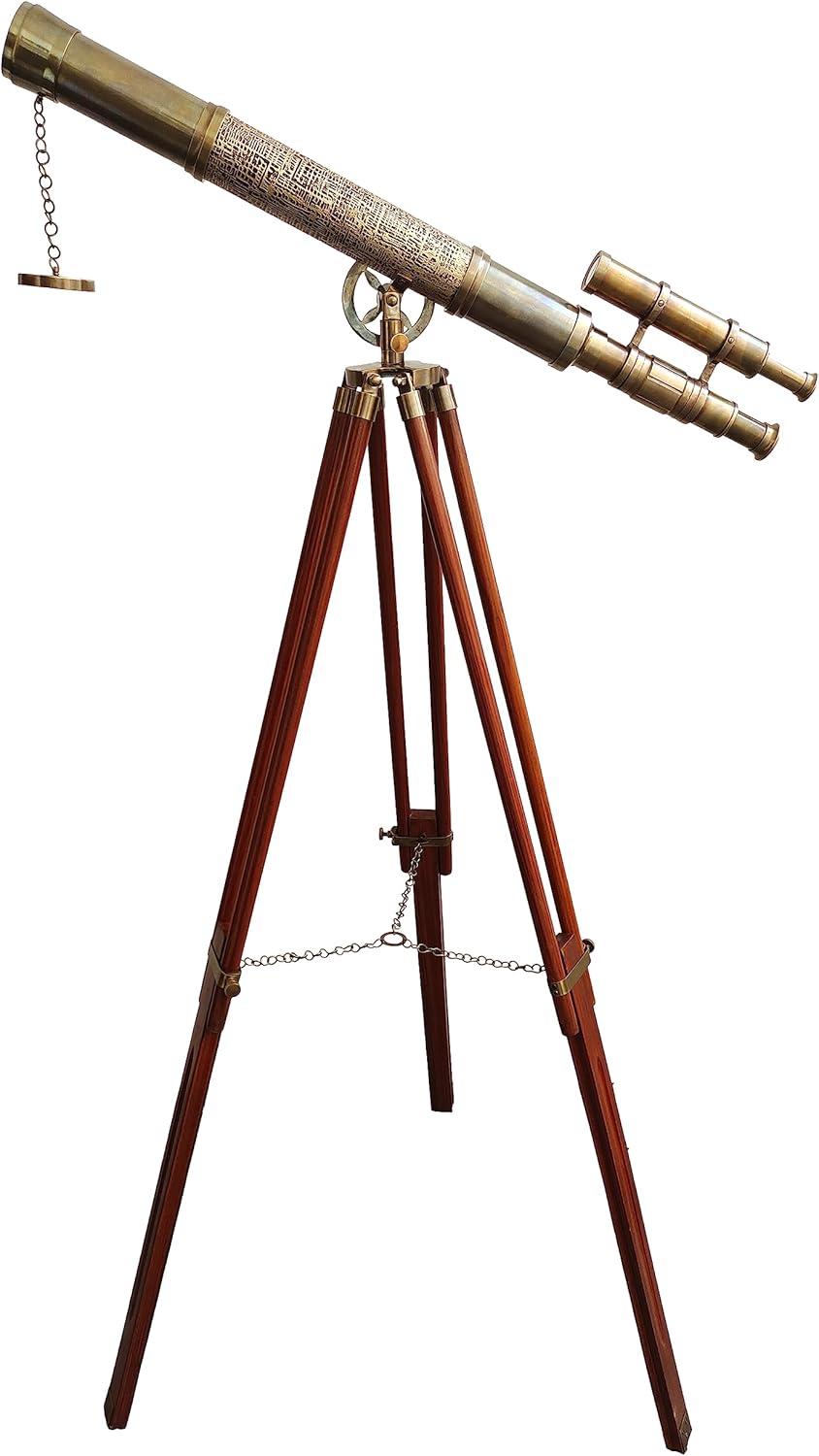 Vintage Antique Maritime Brass Telescope with Adjustable Wooden Tripod Stand Home Decorative Nautical Brass & Antique Telescope