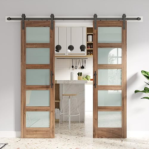 FREDBECK Puertas de granero de vidrio dobles de 24 x 84 pulgadas, puerta de granero de 48 pulgadas con kit de herrajes de 8 pies y mango incluido, 5