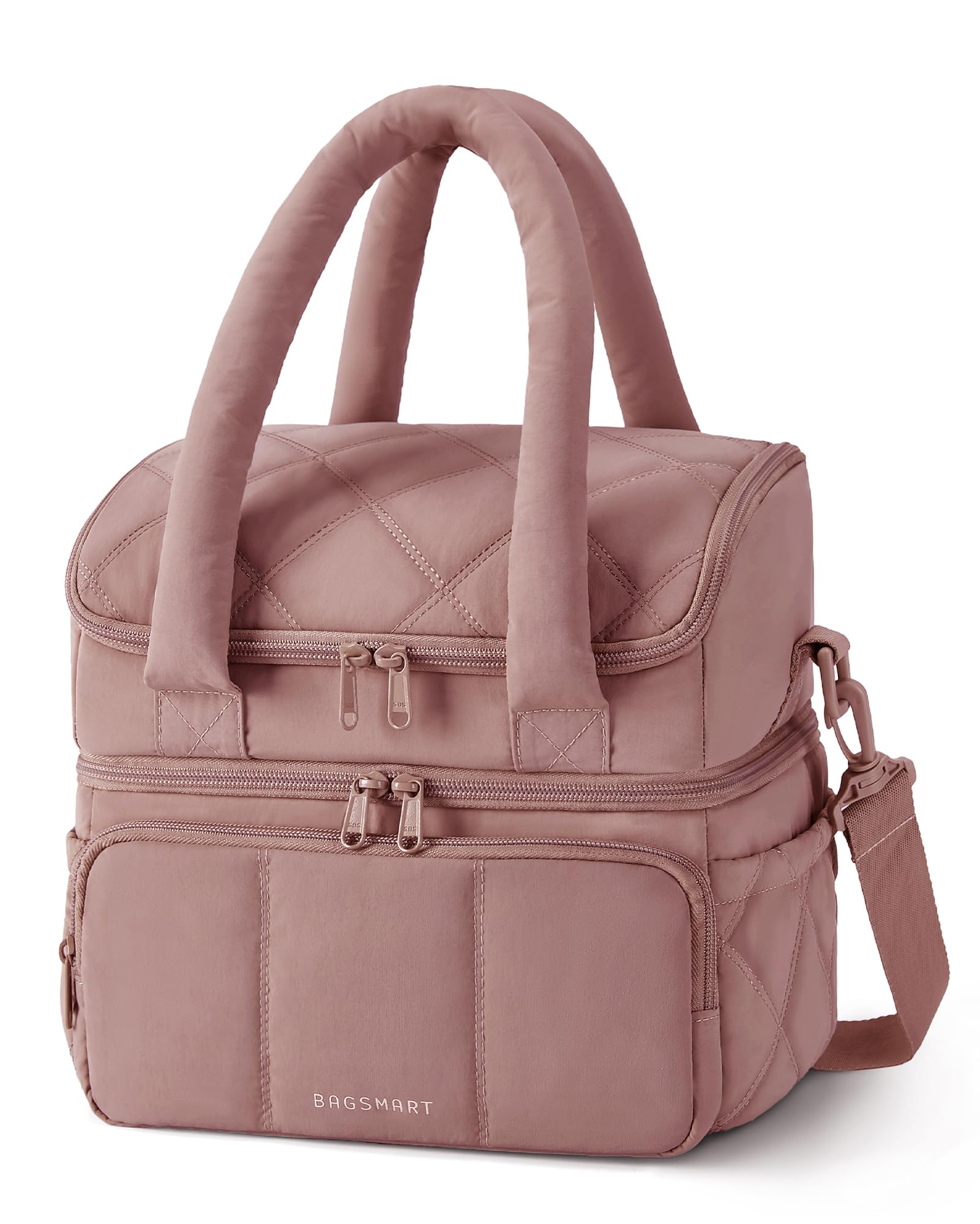 bagsmart Kühltasche Isolierte Lunchtasche für Damen, doppelstöckige, Lunchbox, gesteppte Lunchtasche, auslaufsicher, langlebig und wiederverwendbar, Picknick, Reisen, Essenszubereitung, Dunkelrosa