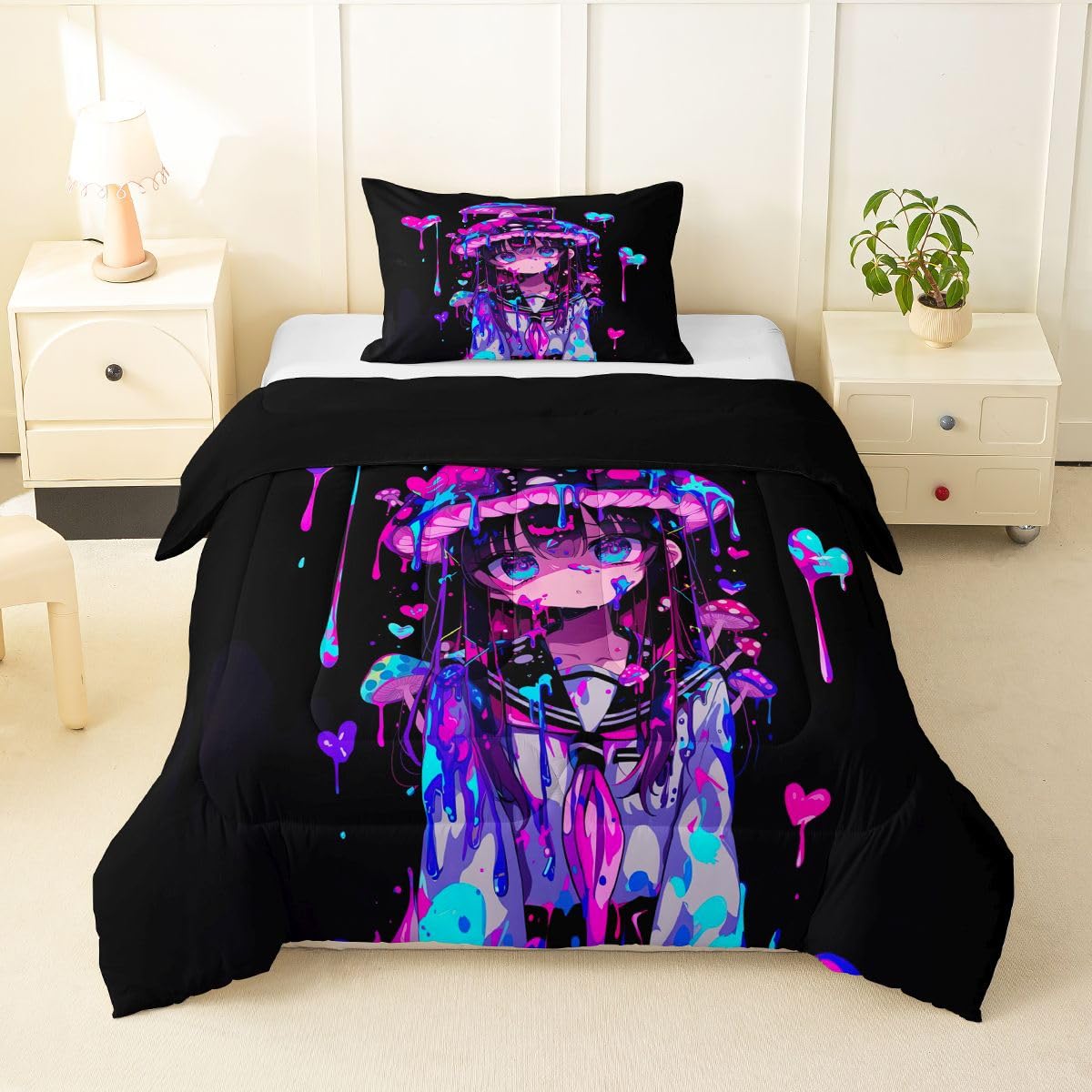 Erosebridal Mushroom Girl Comforter Set for Kids Boys Girls 3D Japanese Girly Bedding Watercolor Graffiti Duvet Set Cute Anime Gifts Comforter Twin with 1 Pillowcase