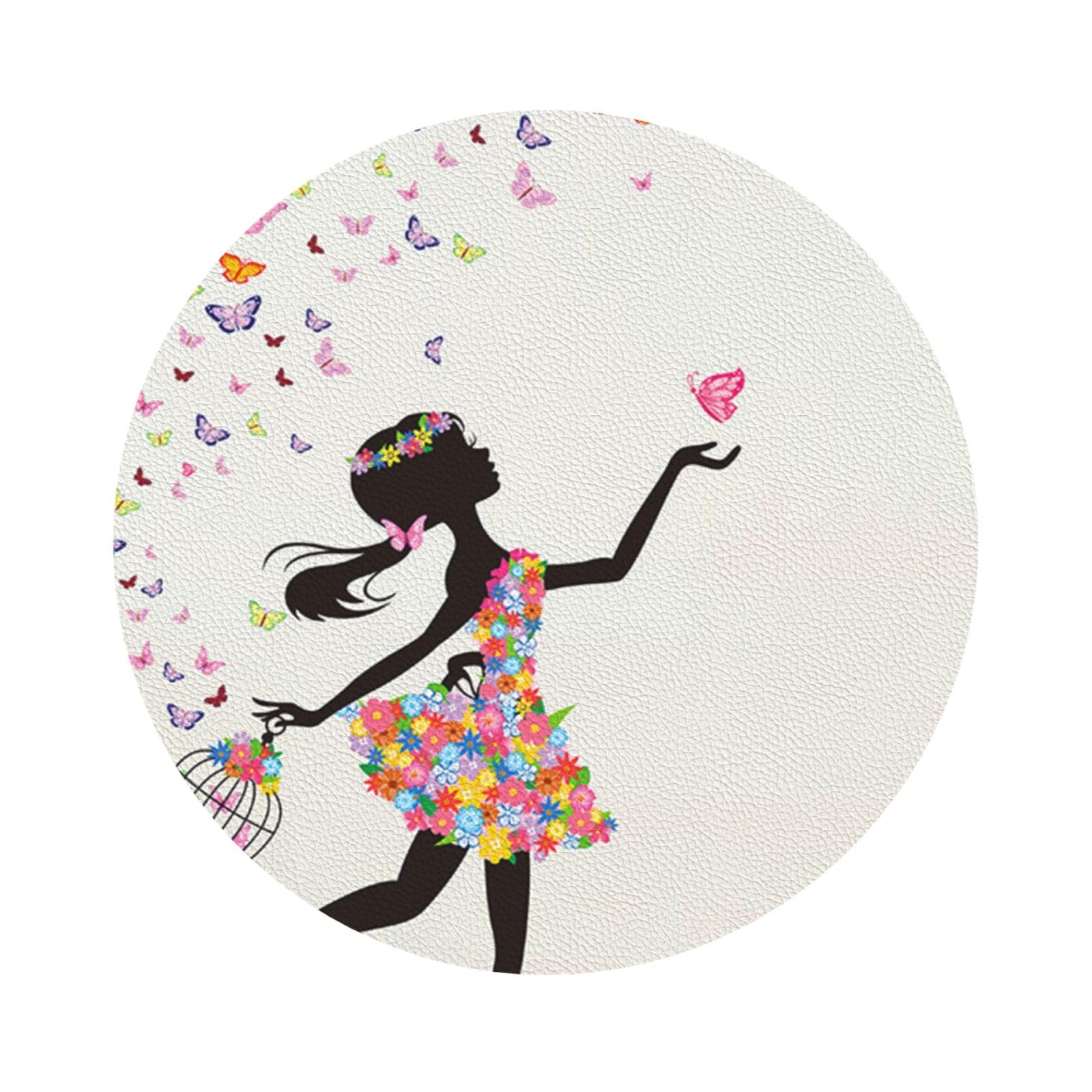 Girl Dance Butterfly PU Leather Coasters Set of 6 Round Drink Coasters
