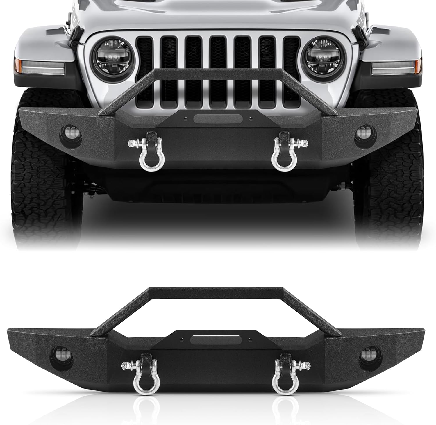 Off Road Front Bumper Fits for Jeep Wrangler JL/JLU JK/JKU Gladiator JT 2007-2025 2026, Steel Bumper with Winch Plate Bull Bar Lights D-rings License Plate Bracket Heavy Duty