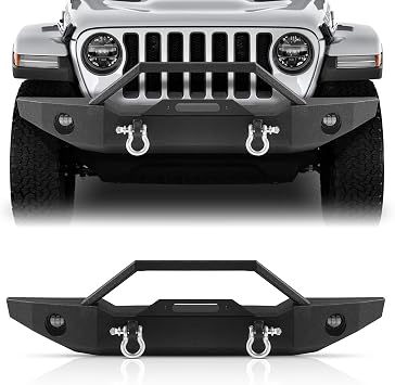 Front Bumper Fit for Jeep Wrangler JL/JK & Gladiator JT 2007-2026 | Front Bumper with lights, plate holes, winch plate, D-rings, bull bar, steel build