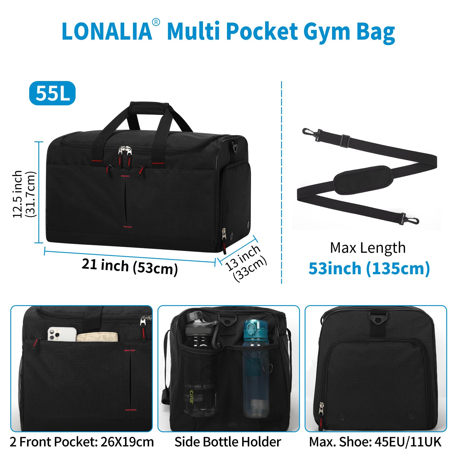 55 l torba sportowa i torba podróżna dla mężczyzn, duża, czarny, Sporttasche 21 Zoll, LONALIA 55 l torba sportowa torba podróżna z kieszenią na buty