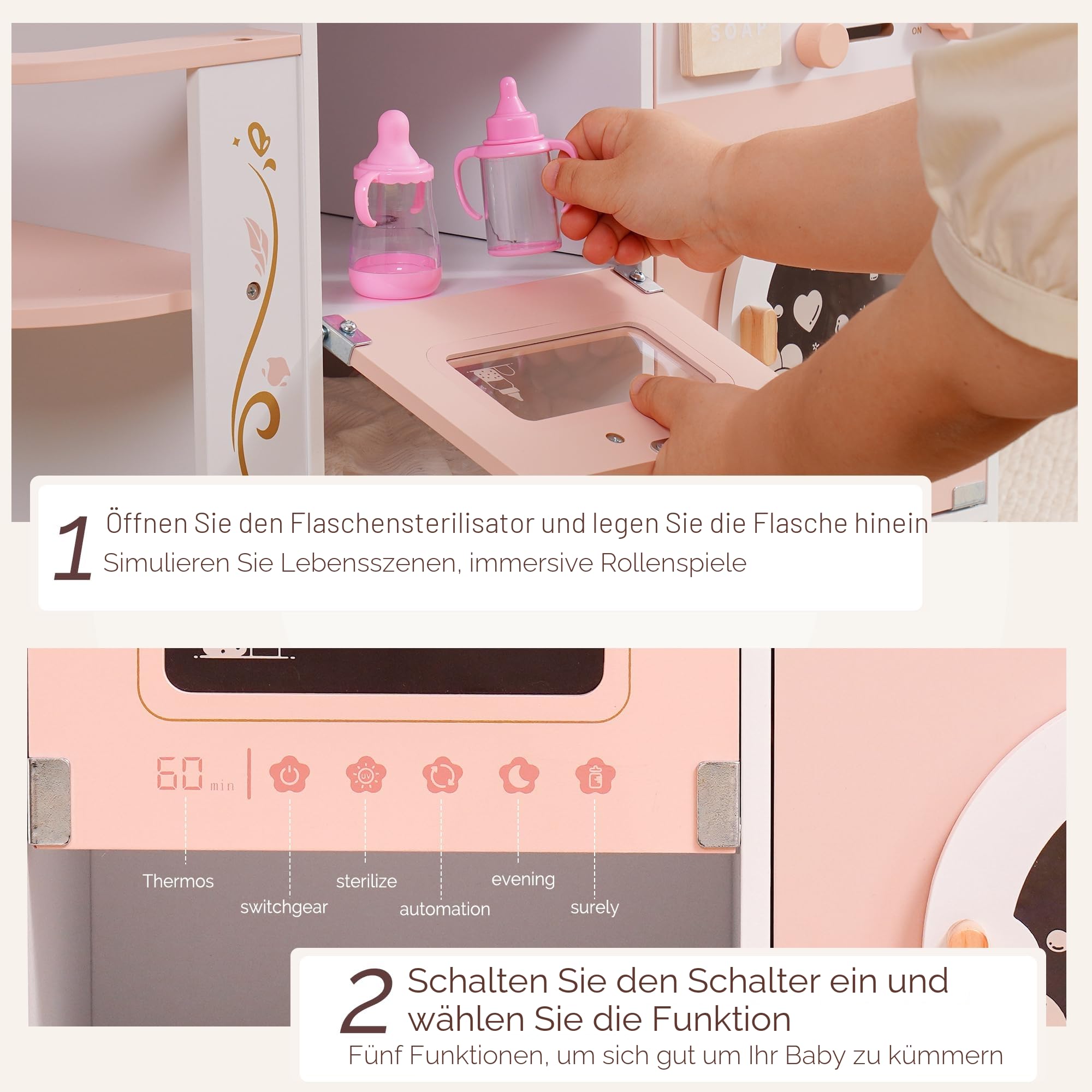 ROBUD Holzpuppen-Wickelstation, 4-in-1 Kleinkind-Puppen-Wickeltisch mit Waschmaschine & Flaschensterilisator, Aufbewahrung & Puppensitz, Puppenzubehör für Puppen unter 20", Geschenk für Kinder Rosa