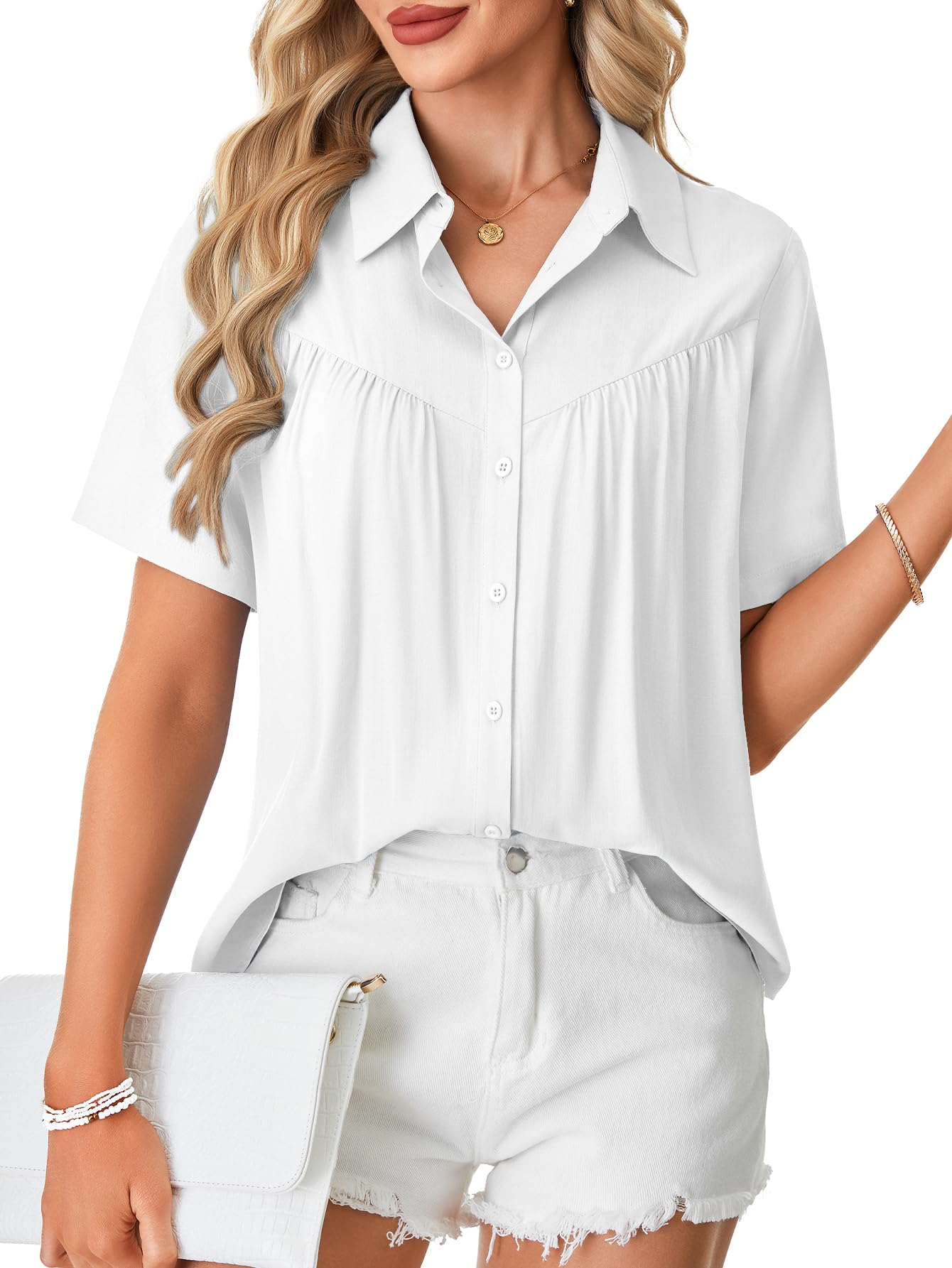 LYANER Women's Ruched Collared Neck Short Sleeve Button Down Loose Fit Office Blouse