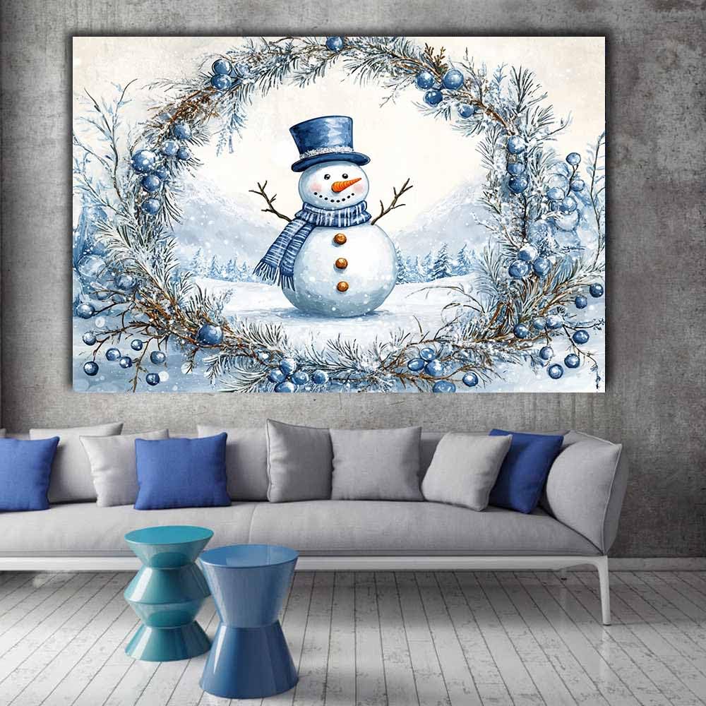 QUSAAOU Art Wall Decor Schneemann mit blauem Kranzrahmen Wanddeko Bild Schlafzimmer KüChe Deko Wandbilder Dekoration Wohnzimmer Wall Decor Canvas Wand Kunstdruck(Blau)-70x100cm Ungerahmt