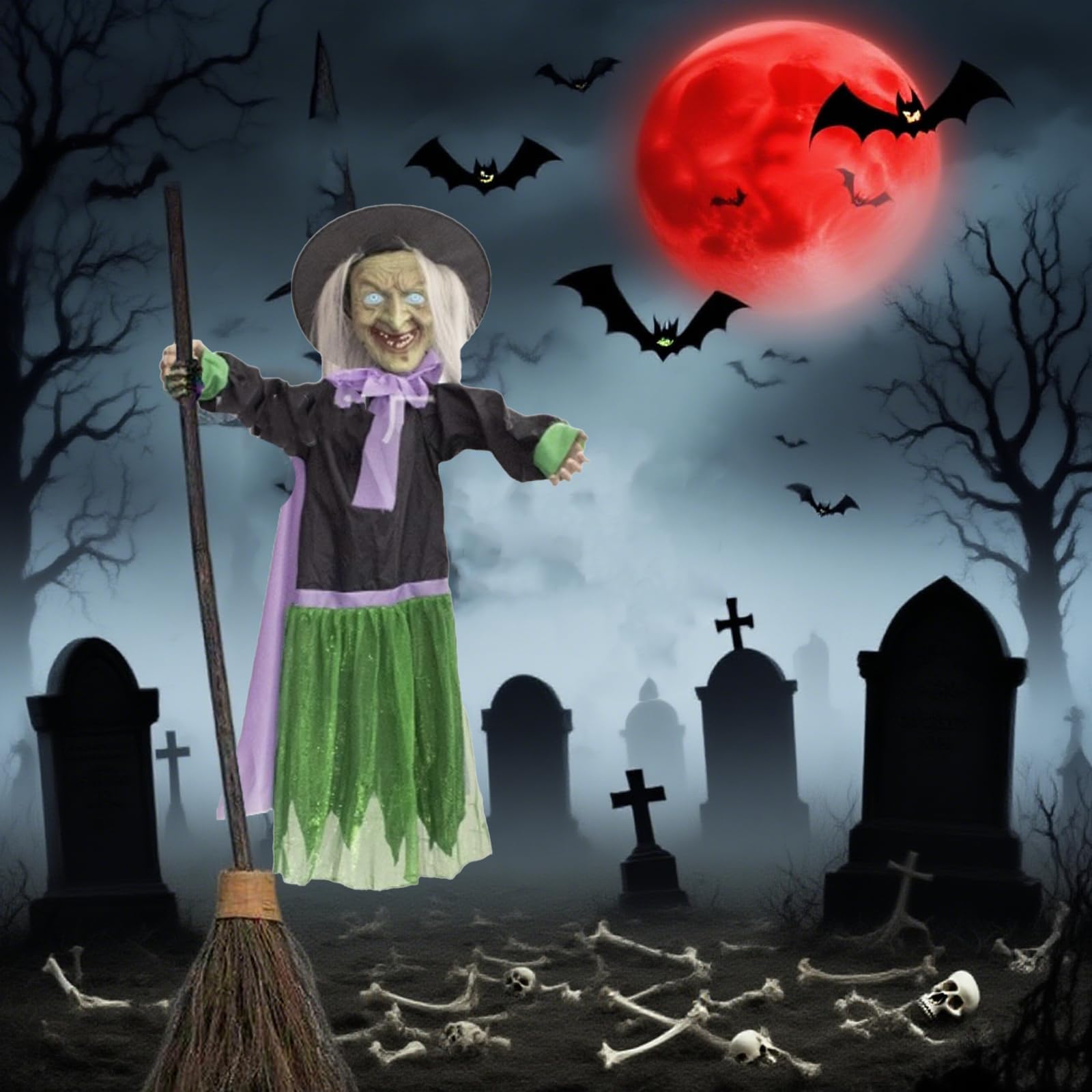 Flying Witch Halloween Decoration – 6 FT Animatronic Witch with Light-up Eyes and Scary Sound for Outdoor, Yard, Lawn, Garden, or Indoor Use