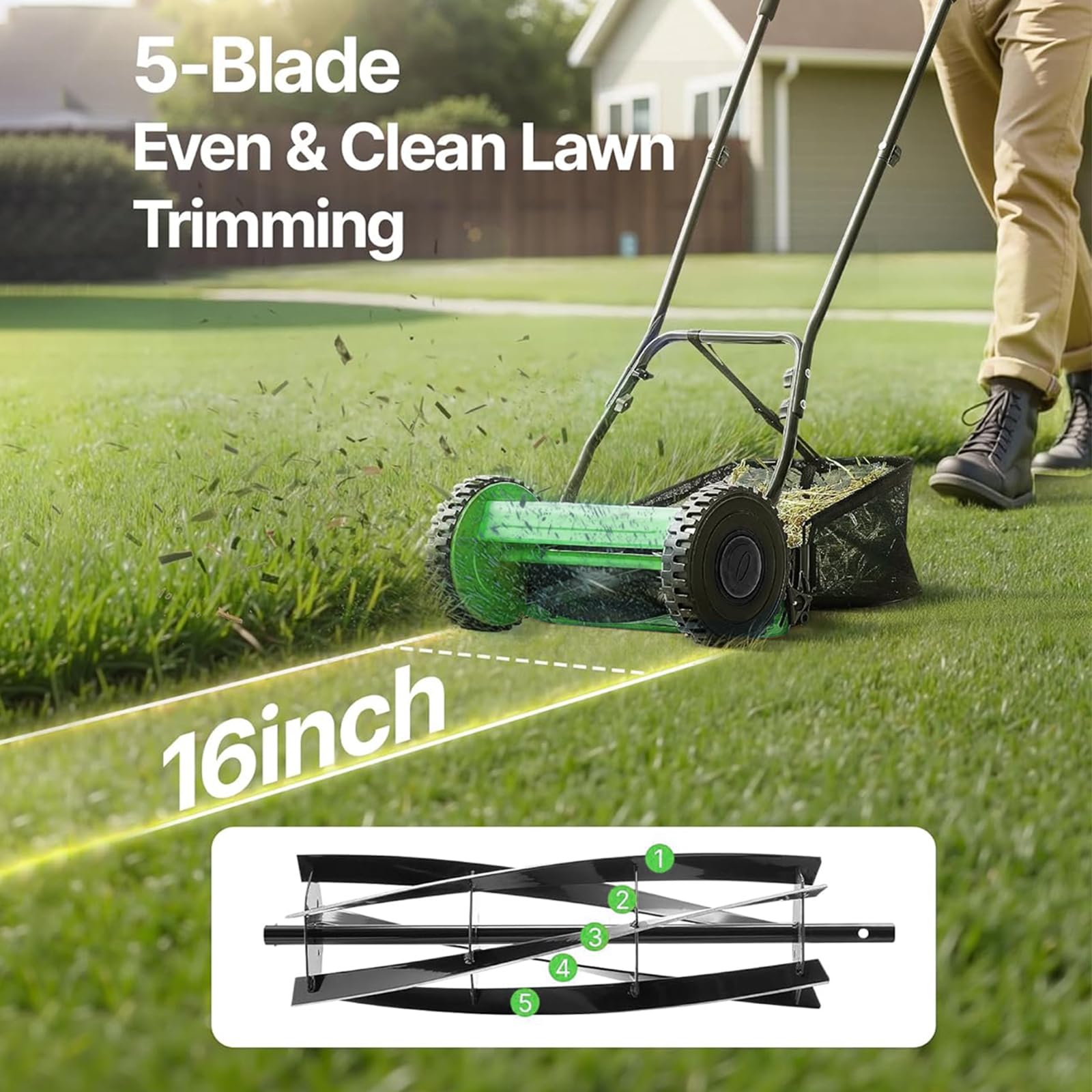 Neptune Simplify Farming Hand Push Manual Lawn Mower 16-Inch 5-Blade with 35 Liters Grass Catcher | Adjustable Handle Height | Grass Cutter Machine Sweeper for Home Garden and Park Greening - Image 5 thumbnail