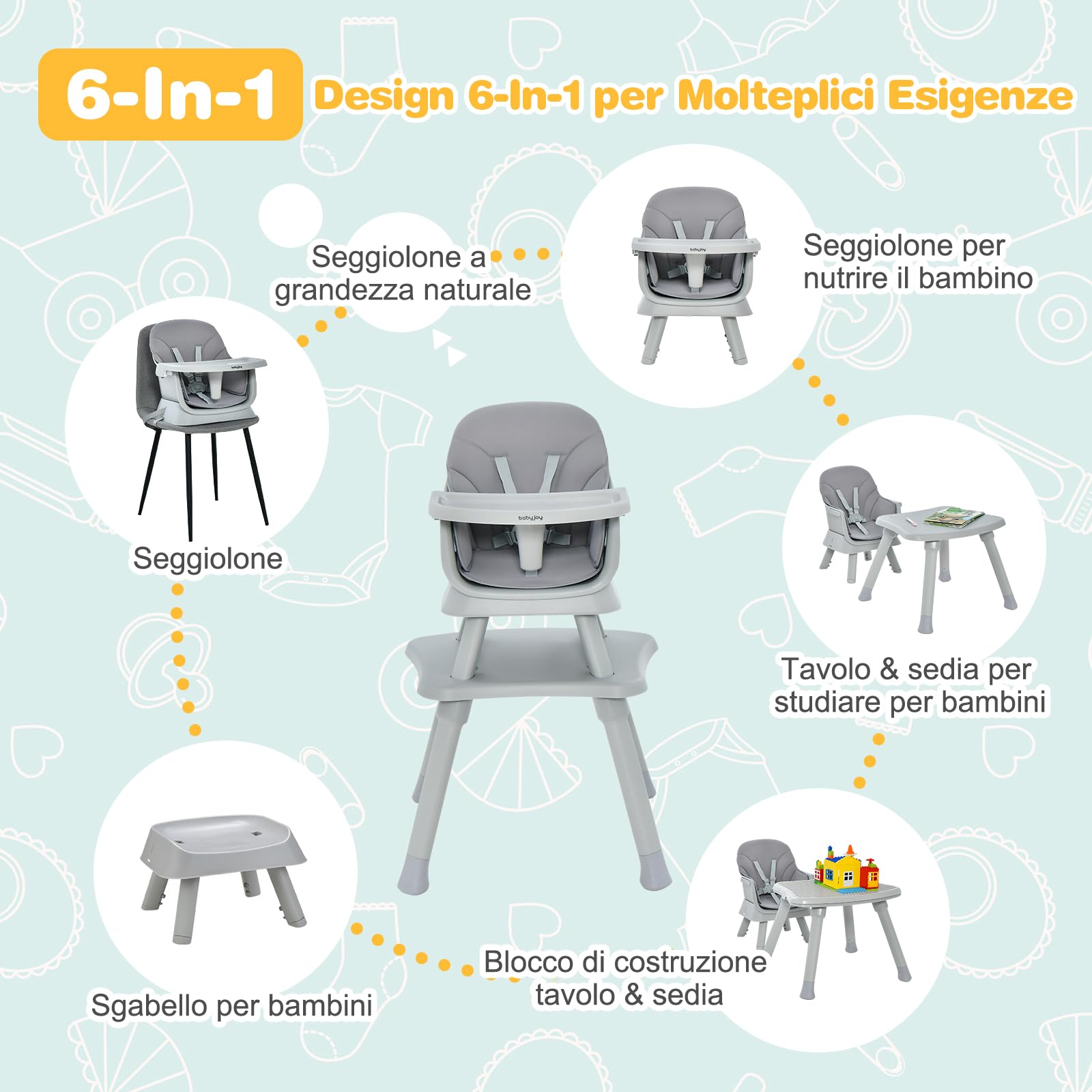 RELAX4LIFE 6 en 1 Trona Bebé con Arnes de 5 Puntos y Cojín Desmontables, Tronas de Bebe Portátil con Bandeja Ajustable y Extraíble, Mesa y Silla Infantil para Niños 6+ Meses, Carga 25kg (Gris)