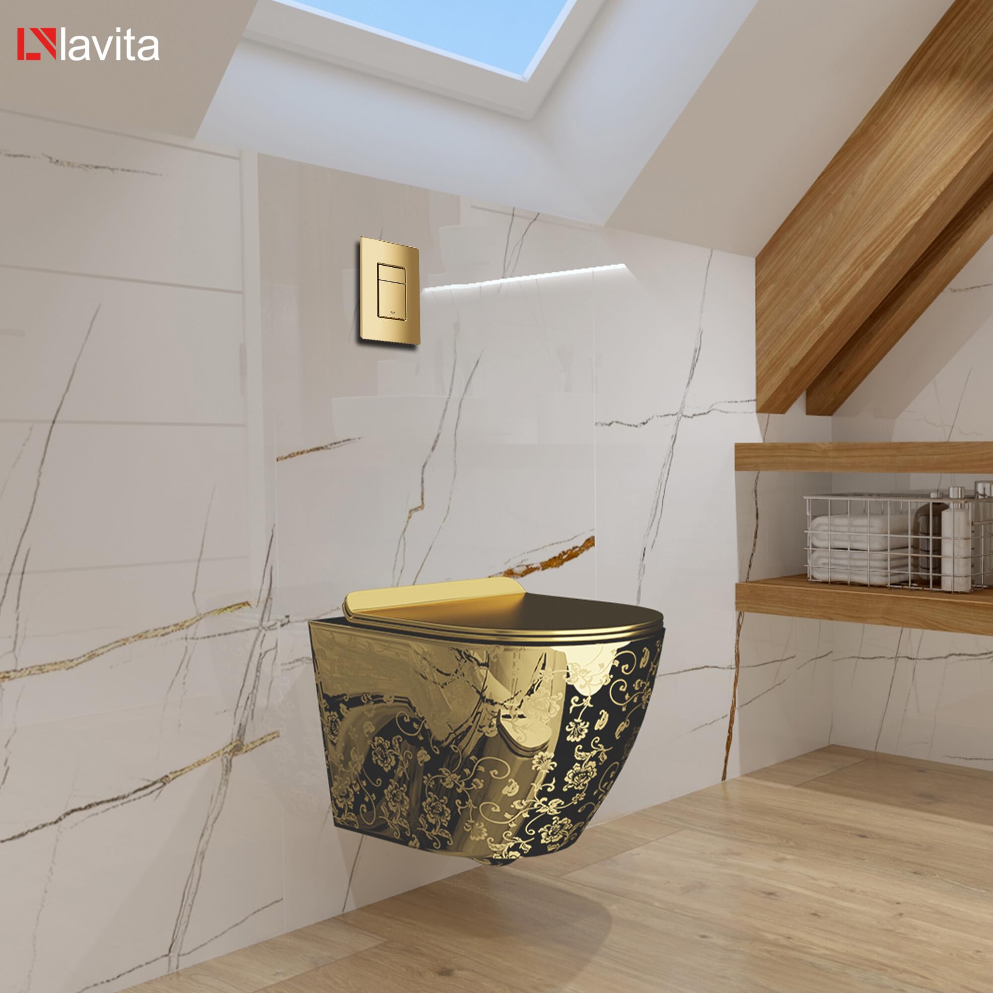 LAVITA Élément Mural Solido + WC Suspendu Sofi Slim Golden Eye Doré Sans Bord + Abattant SoftClose Bouton Doré - Kit Complet Encastré