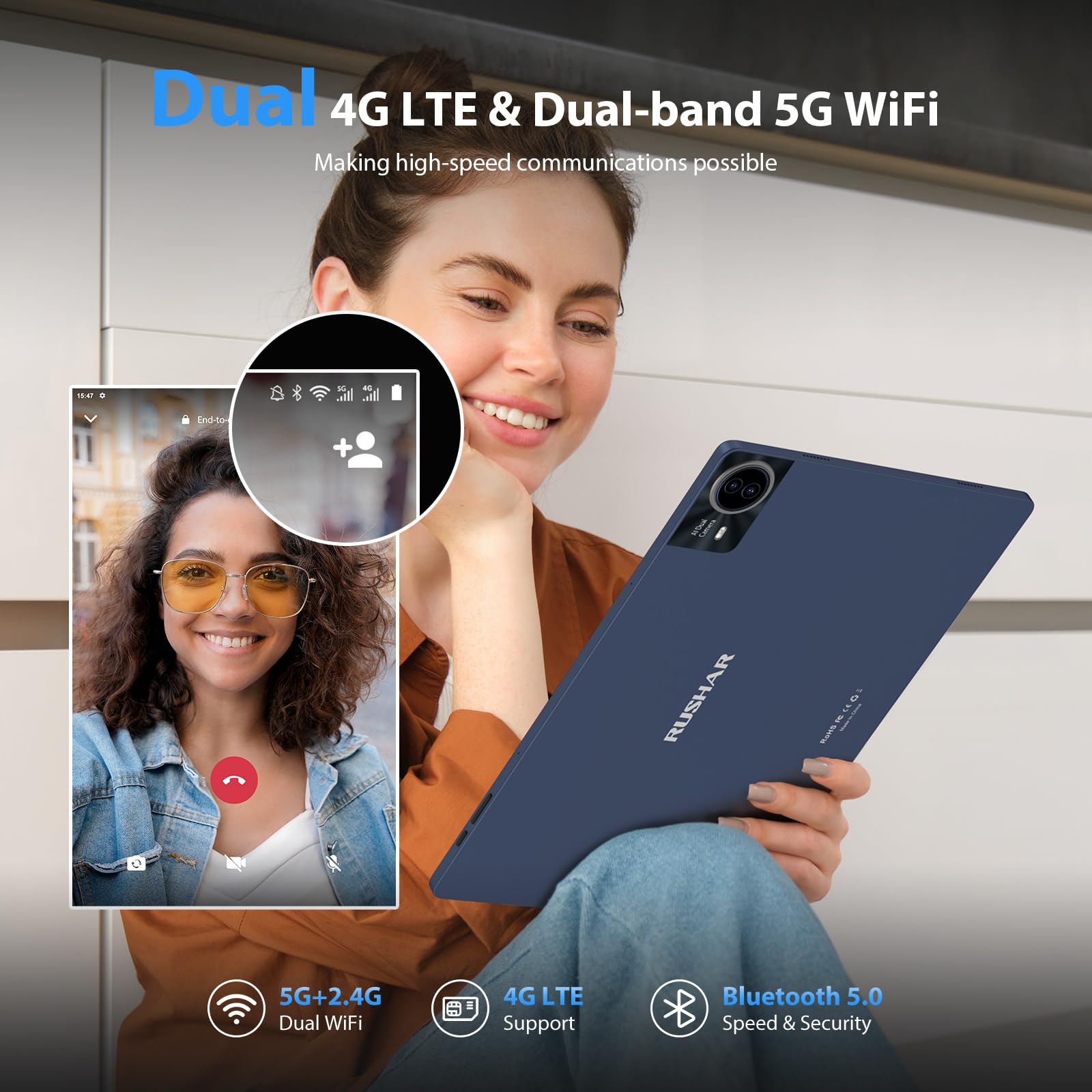 RUSHAR Tablet Android 15 con 4G LTE/SIM, Tablet 14 Pollici, 36GB RAM +256GB ROM (1TB TF), 5G WiFi/11580mAh/INCEL 2240x1400/Octa-Core/13MP+8MP/Face ID/BT 5.0/GPS/18W, Tablets in offerta con Fondina,Blu