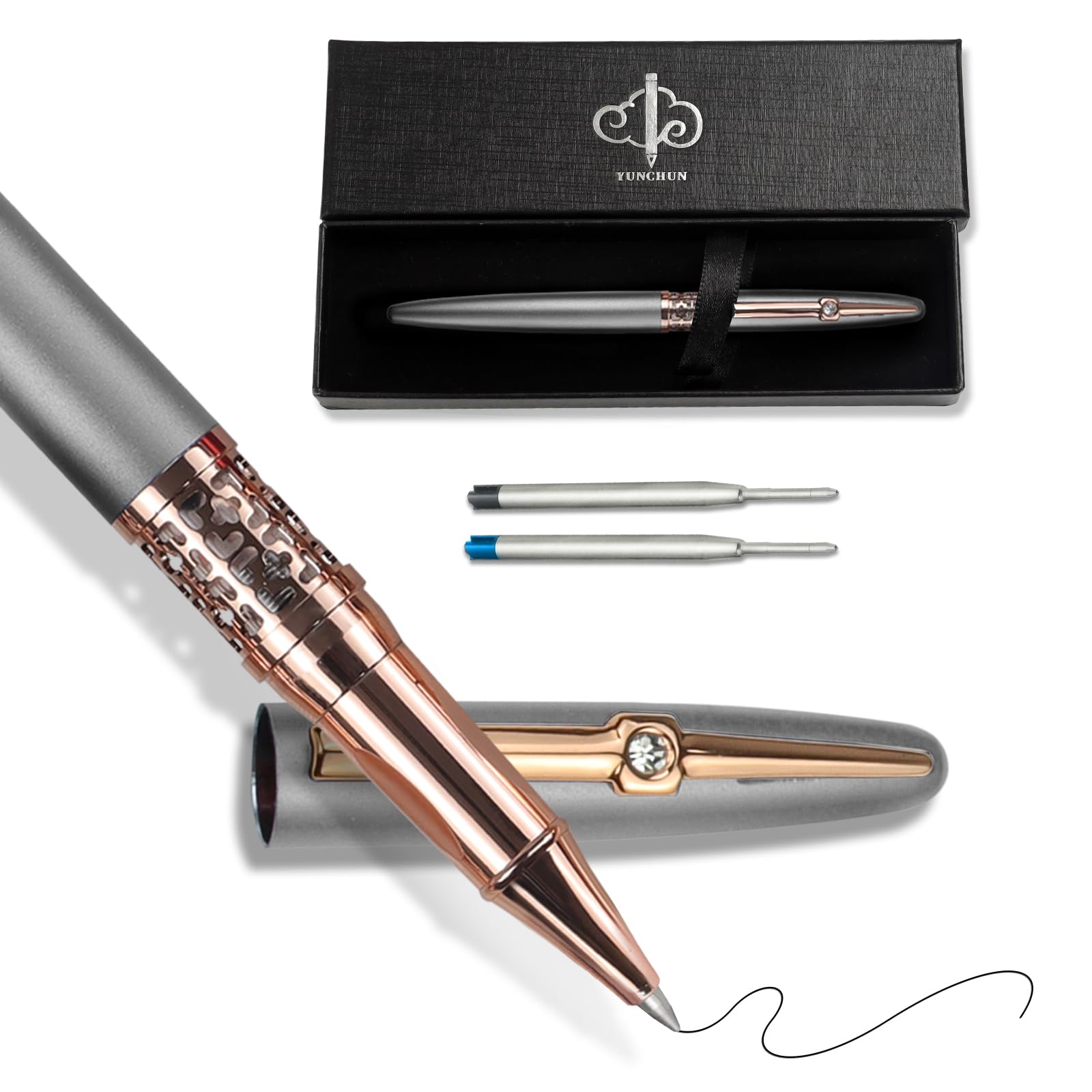 YUN CHUN Filigree Jewel Rollerball Pen with Black Ink Refill, Cool Pens for Writing, Business Metal, Best Gift Set for Men & Women, Gray