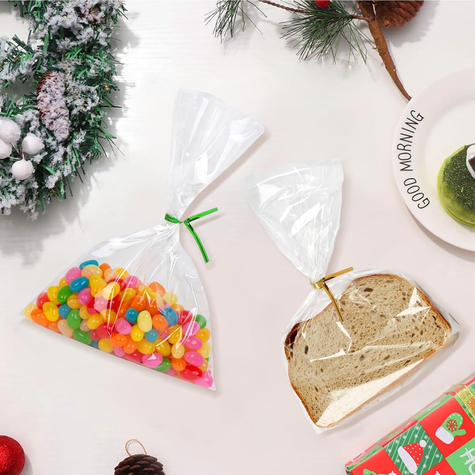 Anstore Doorzichtige zakjes 15 x 25 cm, 200 stuks cellofaanzakjes, transparante cadeauzakjes, koekjeszakjes met 200 kleurrijke metalen bindbanden, snoepzakjes voor bruiloft, Kerstmis, kinderverjaardag