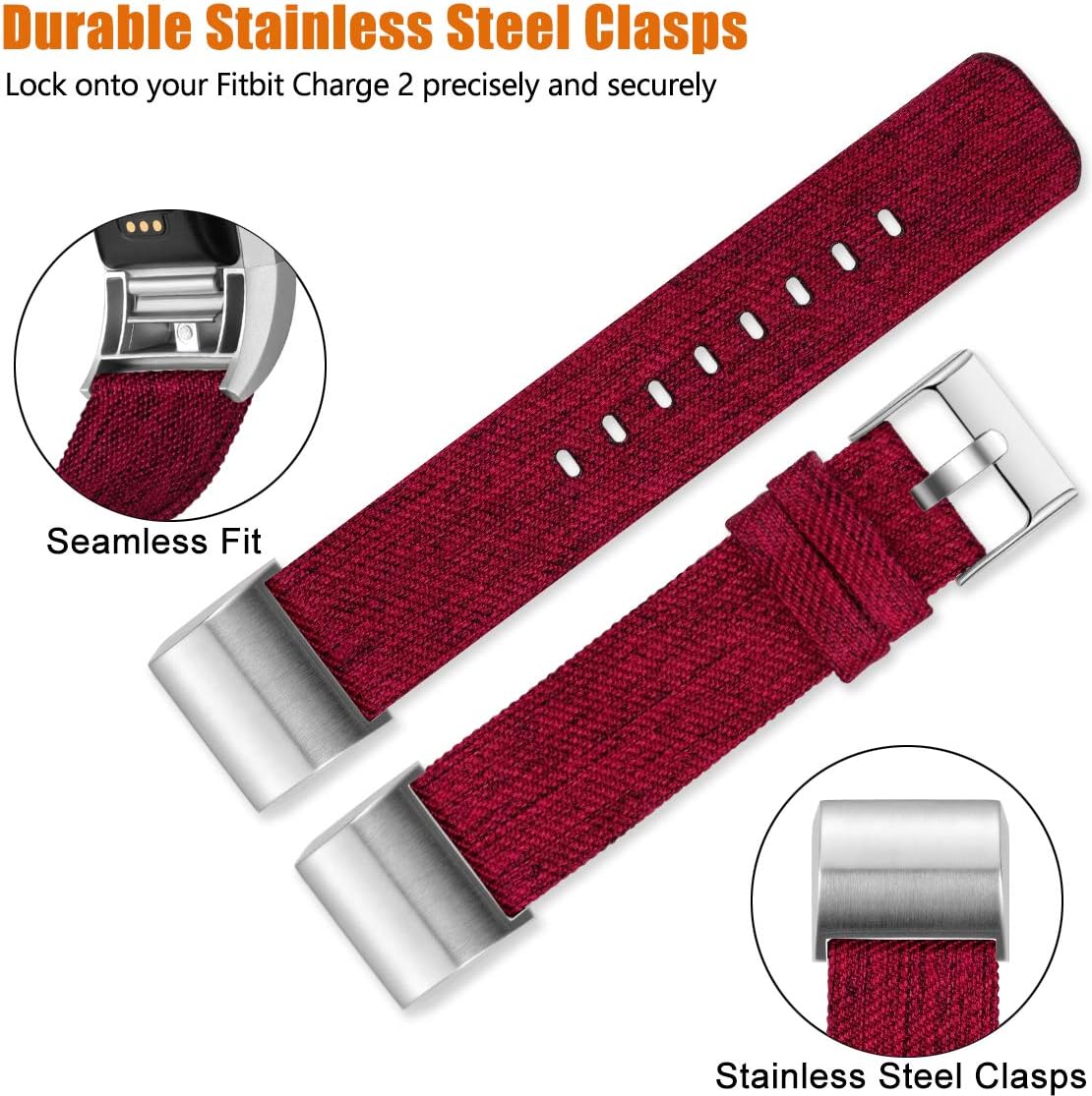 Maledan Bands Compatible with Charge 2 and Charge 2 SE Fitness Activity Tracker for Women Men, Durable Woven Fabric Watch Band Replacement Accessories Strap Wristband, Small, Wine Red