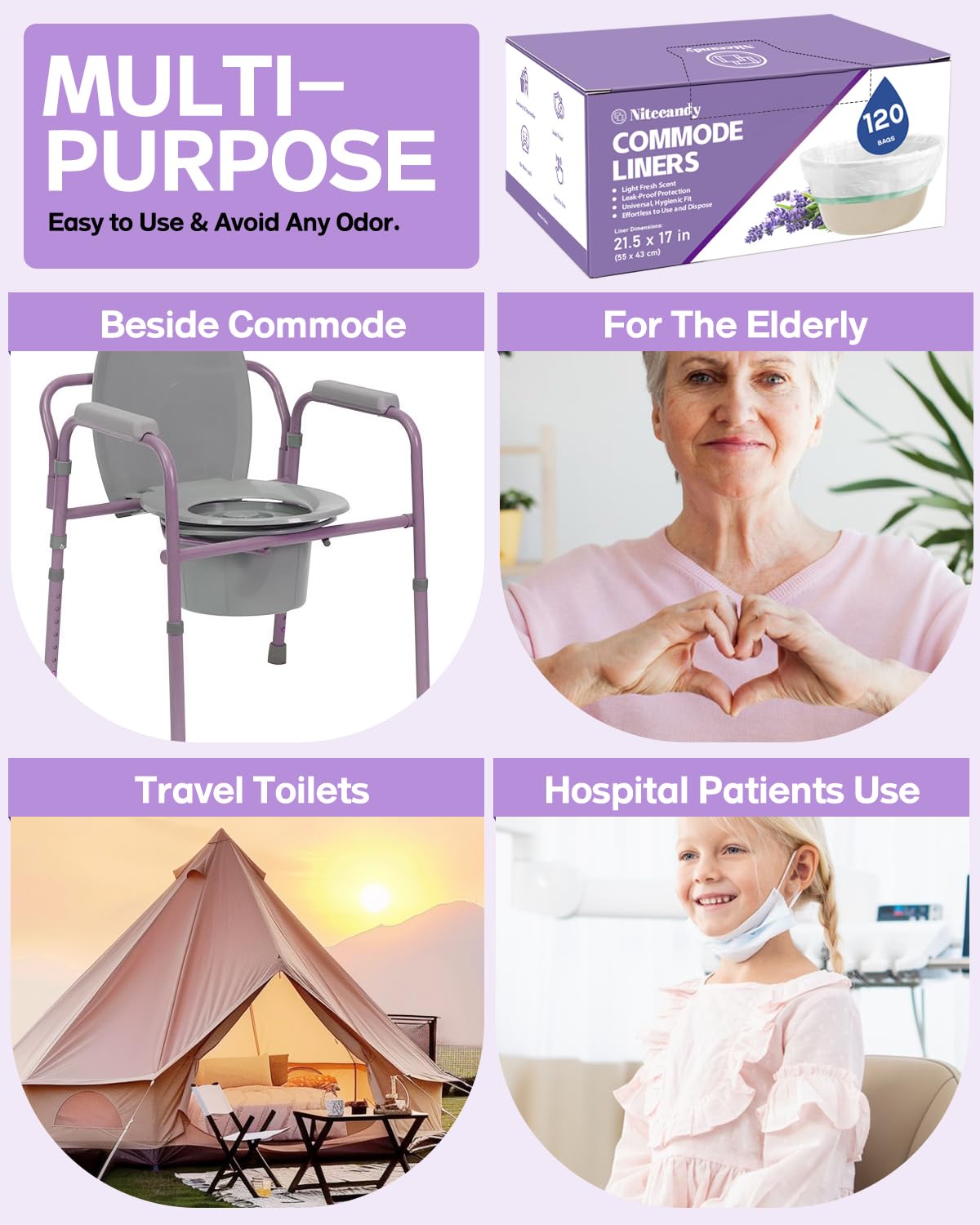 Bolsas de inodoro desechables para tocador de noche, 120 unidades, ajuste universal, bolsas de inodoro desechables para tocador de noche, inodoro portátil, sartén de cama, grado médico y aroma a