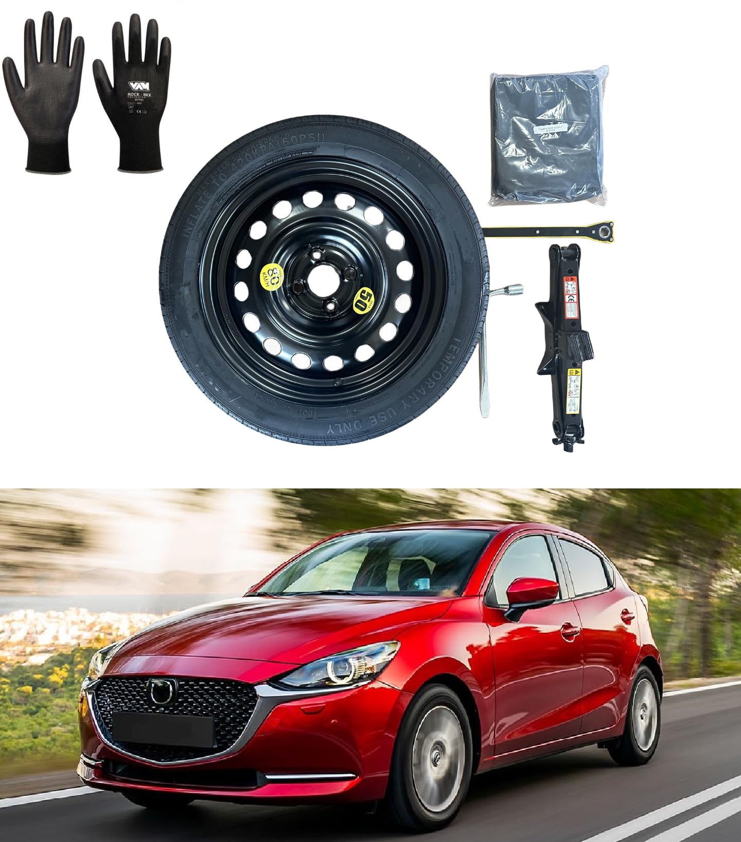 Kit Ruotino di Scorta 15" compatibile con Mazda 2 (2007-2021) con Cric, Chiave, Guanti e Sacca