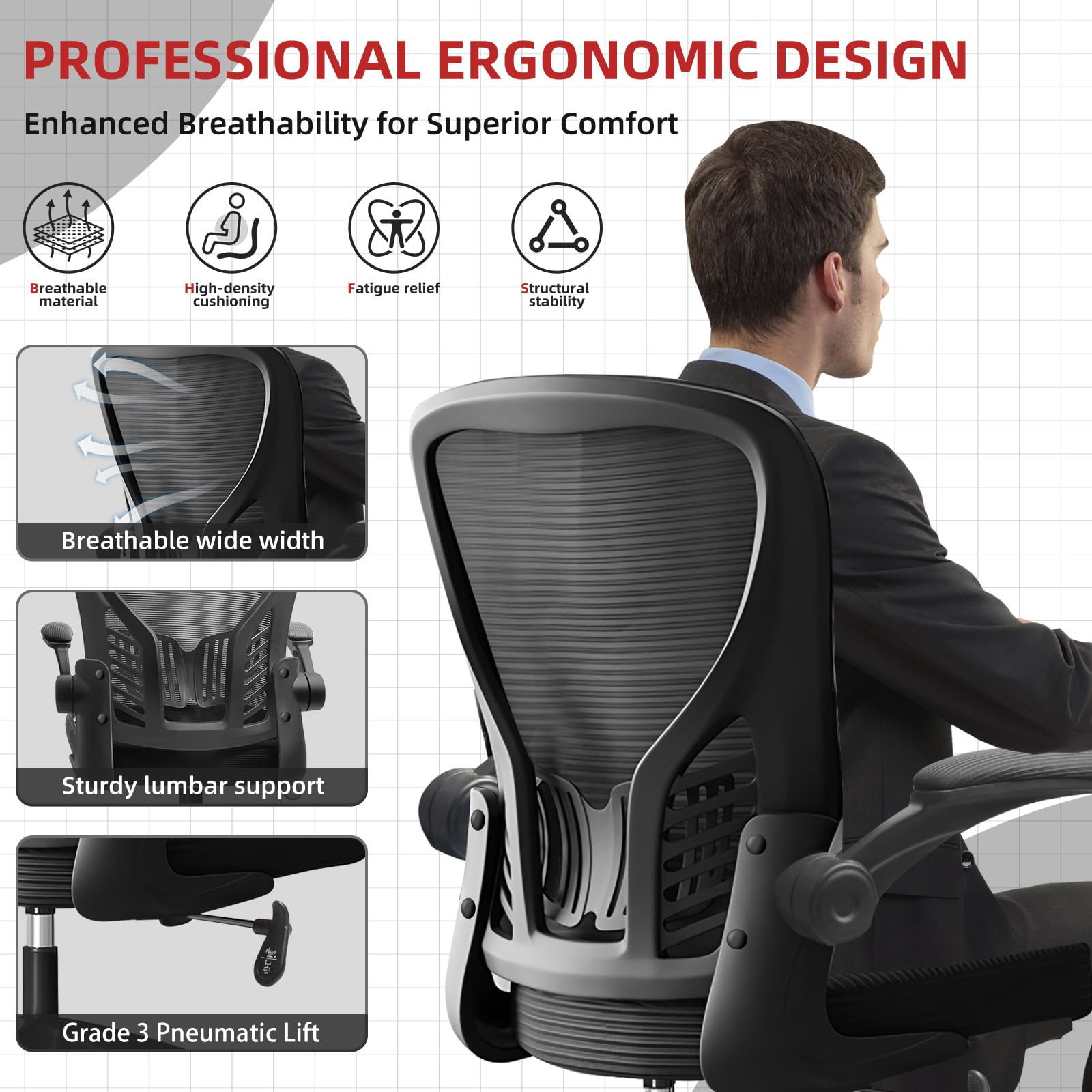 Silla de Oficina Ergonómica con Soporte Lumbar Regulable, Brazos Abatibles 90°, Tapicería de Malla Transpirable, Negro
