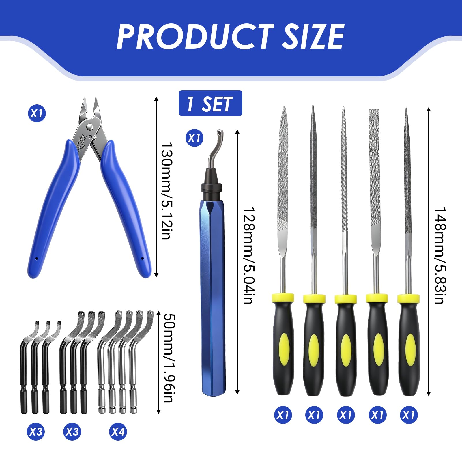 Kit de Desbarbado Manual con 10 Cuchillas, 5 Limas y Alicate de Corte para Metal, Plástico, Resina