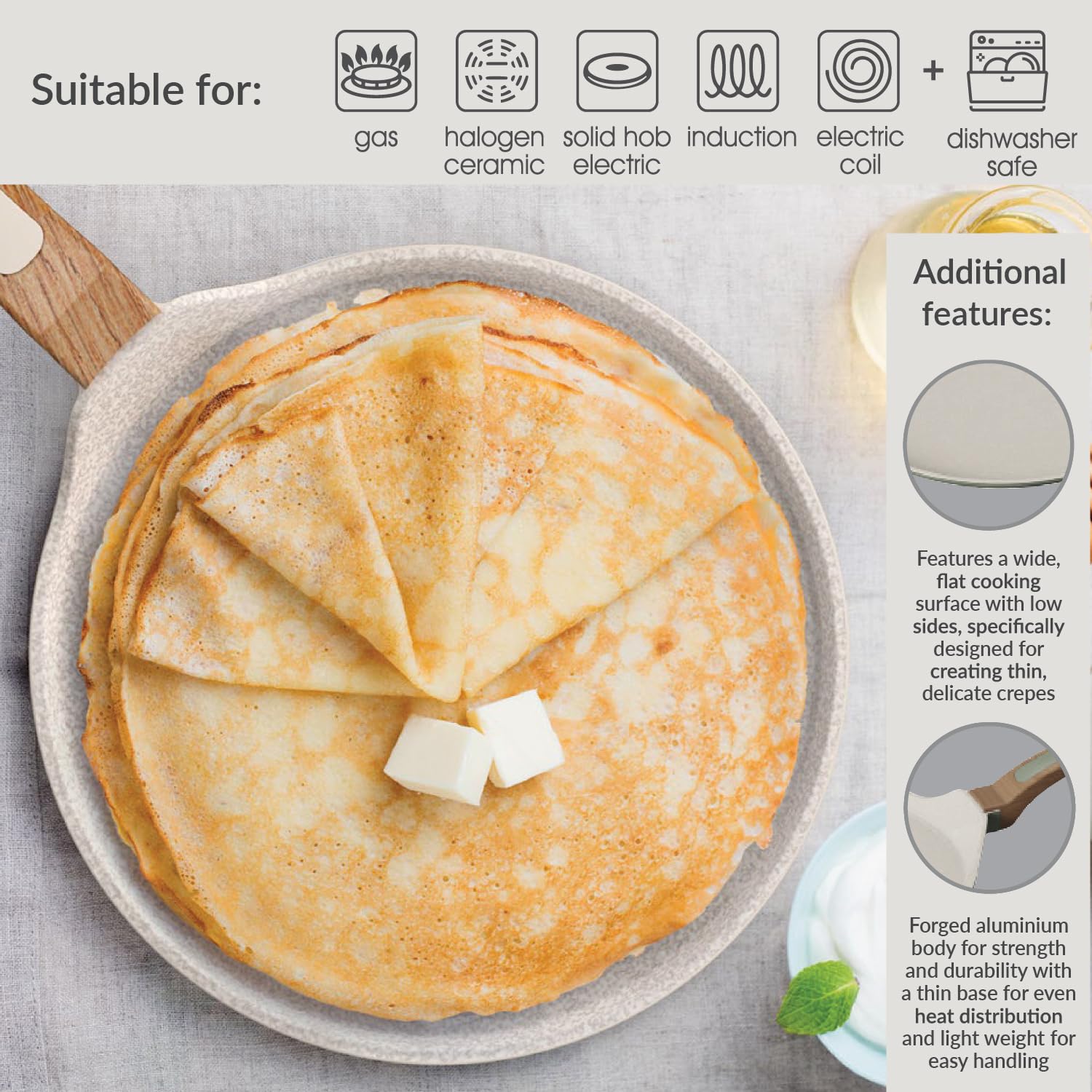 Cooksmart Signature Crêpe-Pfanne, 28 cm, elfenbeinfarben, Aluminiumguss, Keramik, antihaftbeschichtet, für Induktions-, Gas-, Keramik- und Elektroherde geeignet, spülmaschinenfest, ergonomischer Griff