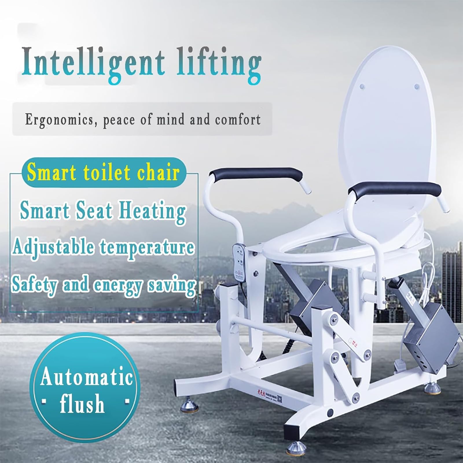 Rialzo elettrico per sedile WC con seduta divisa a 180° e doppi braccioli, funzione riscaldata, supporta fino a 150 kg, ideale per disabili