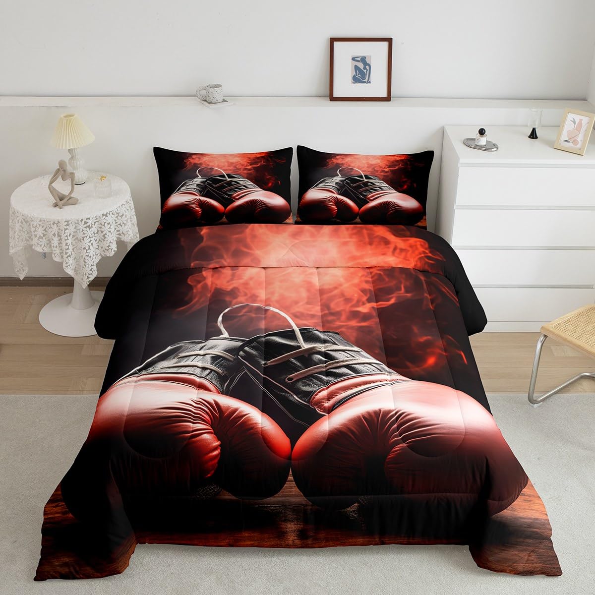 Erosebridal Boxing Comforter Set Sports Game Theme Bedding Set for Boys Children Men Room Decorative Boxing Gloves Pattern Down Comforter Twin Size Quilt Set 2Pcs