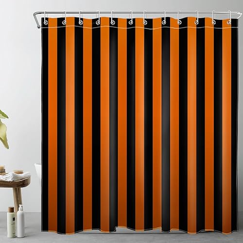 LB Cortina de ducha a rayas naranjas y negras, cortina de ducha con patrón geométrico de arte estético de Halloween para baño, 72 x 72 pulgadas,