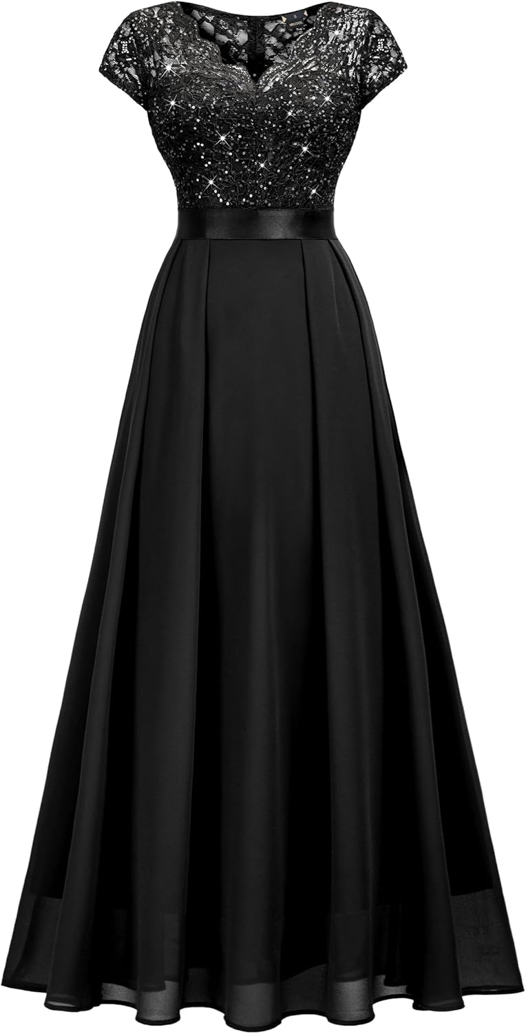 Miusol Women's Elegant V-Neck Cap Sleeve Floral Lace Formal Party Maxi Dress (X-Large, Black) - Image 4