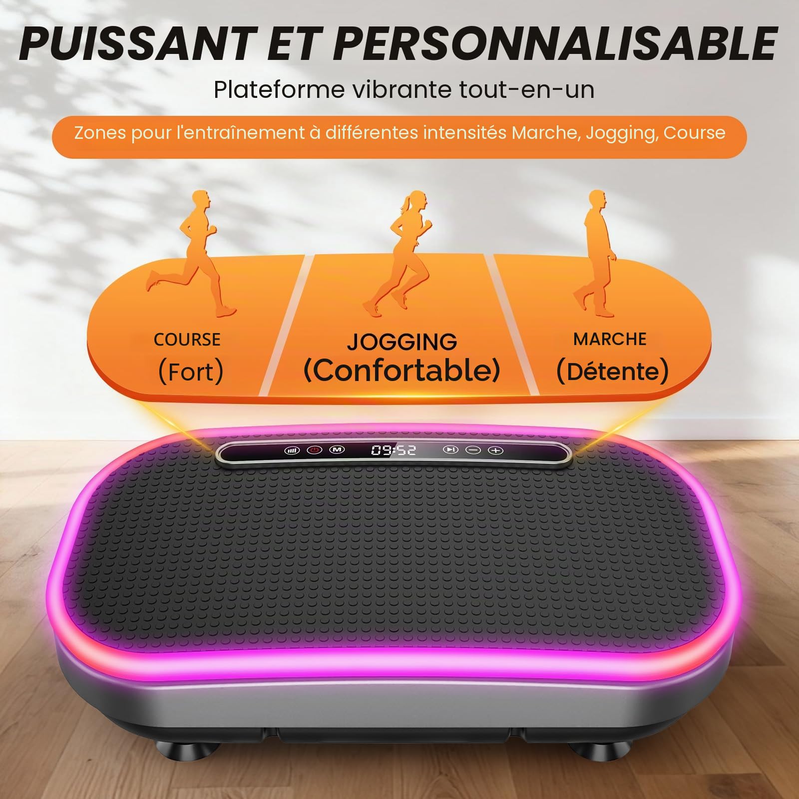 Plateforme Vibrante, Plateforme Vibrante Perte de Poids, 9 Modes Réglables, 1-120 Niveaux D’Intensité, Haut-Parleur Bluetooth Intégré, Télécommande, Écran LED, Capacité de Charge 150 kg