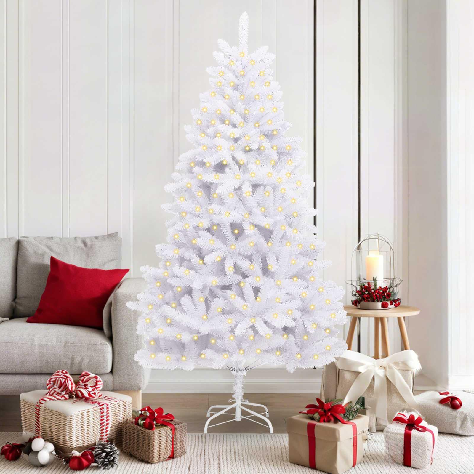 Künstlicher Weihnachtsbaum Weiß 180 cm PVC und Metall, 300 LED Lichterkette USB, lebensechte Spitzen, stabile Struktur für Wohnzimmer, Familie und geschützten Außenbereich