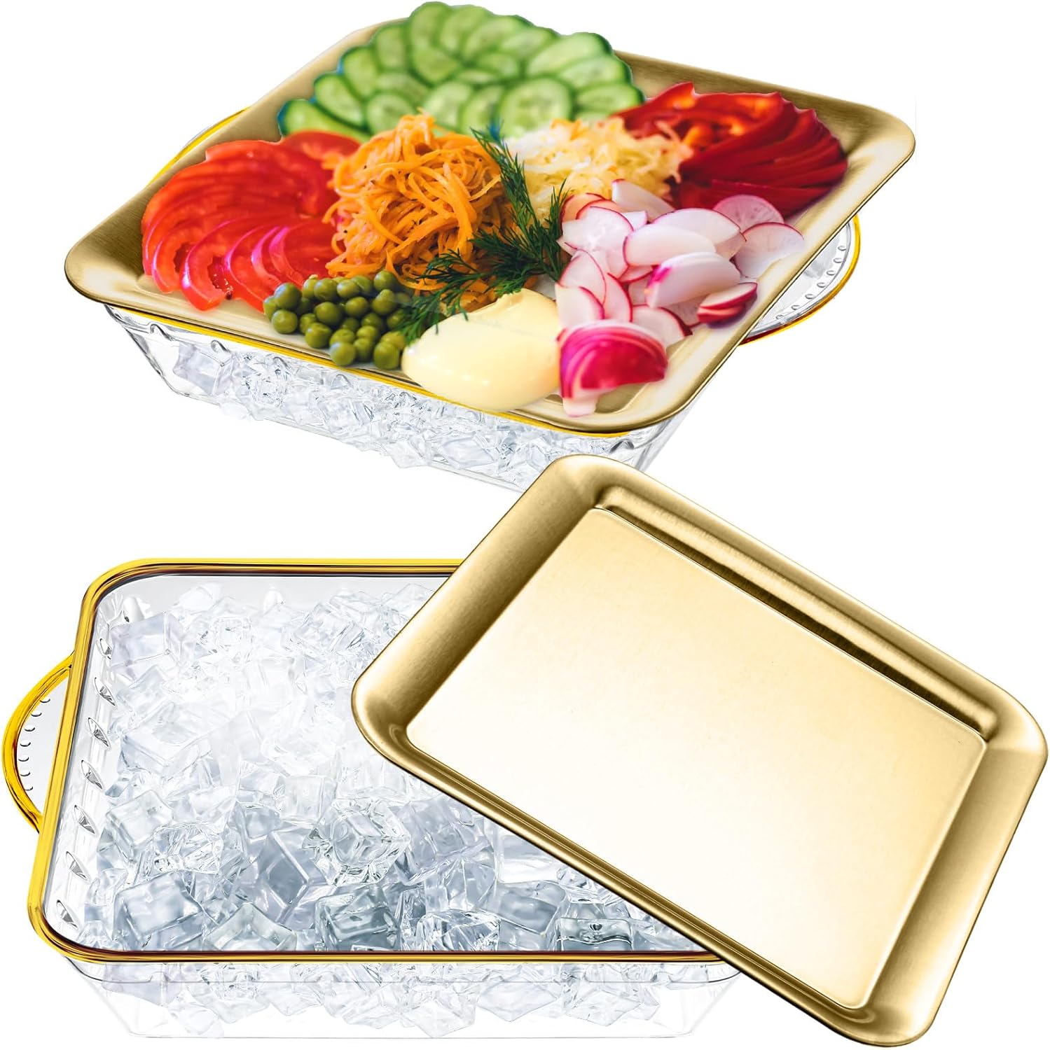 baderke 2 sets 9" chilled serving tray for parties with compartments square ice chilled charcuterie party platter serving cold dish for shrimp fruit seafood vegetable appetizer dish (gold) gold 2