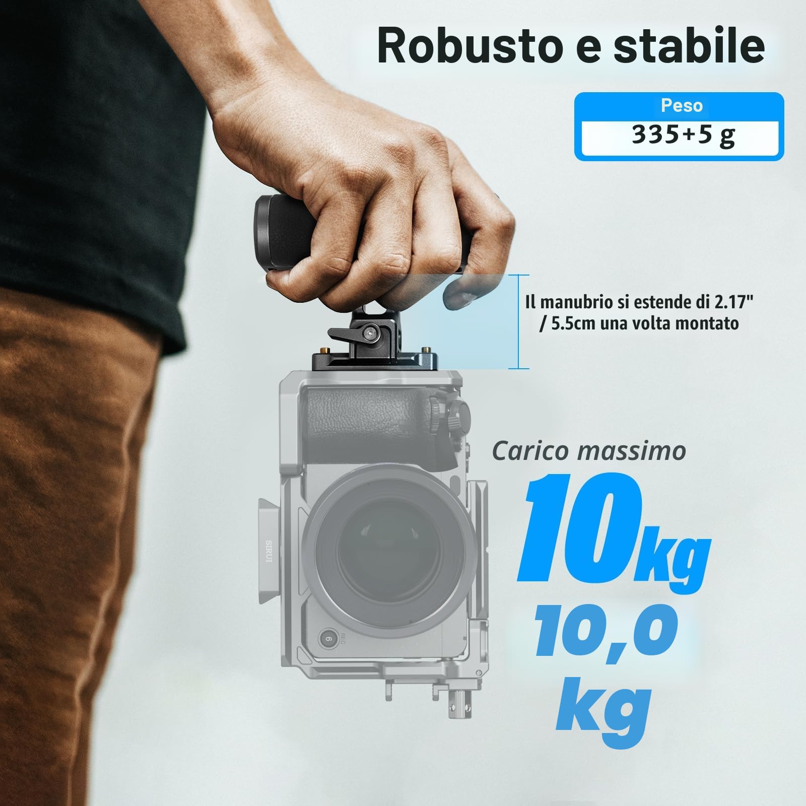 SIRUI SC-SH Maniglia Laterale con NATO e 3/8"-16 Locating Pin per ARRI, Impugnatura Ergonomica Laterale in Alluminio per Gabbie per Fotocamere, 50 mm Regolabile Su/Giù, Attacco Cold Shoe Incorporato