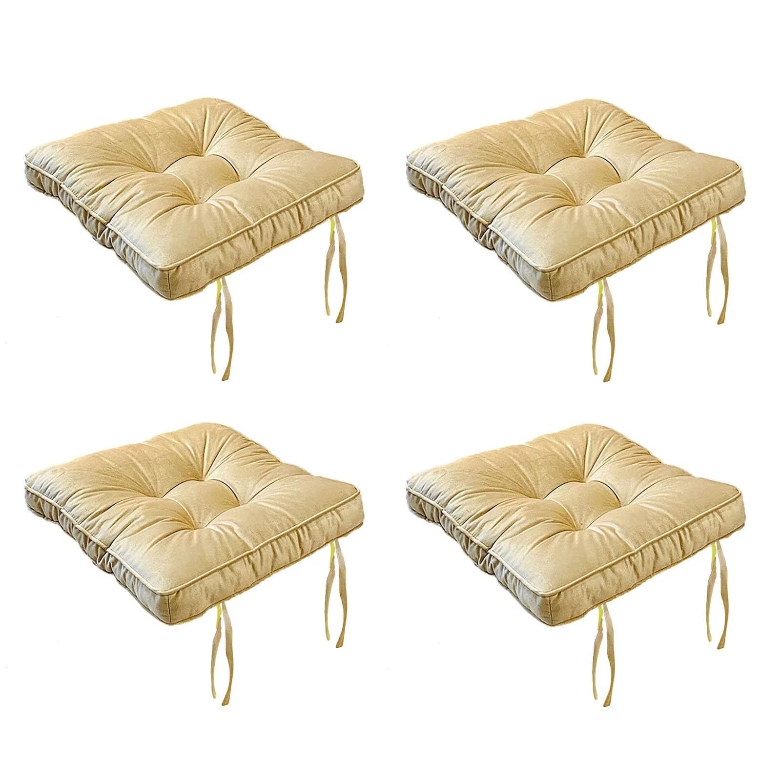 ZIBENE Set Of 4 Dining Chair Cushions with Ties Soft Comfort Non Slip Square, Velvet Seat Cushions for Kitchen Chairs Washable, High Elastic Peal Cotton Extra Thick Filling Andti-Deformation Beige