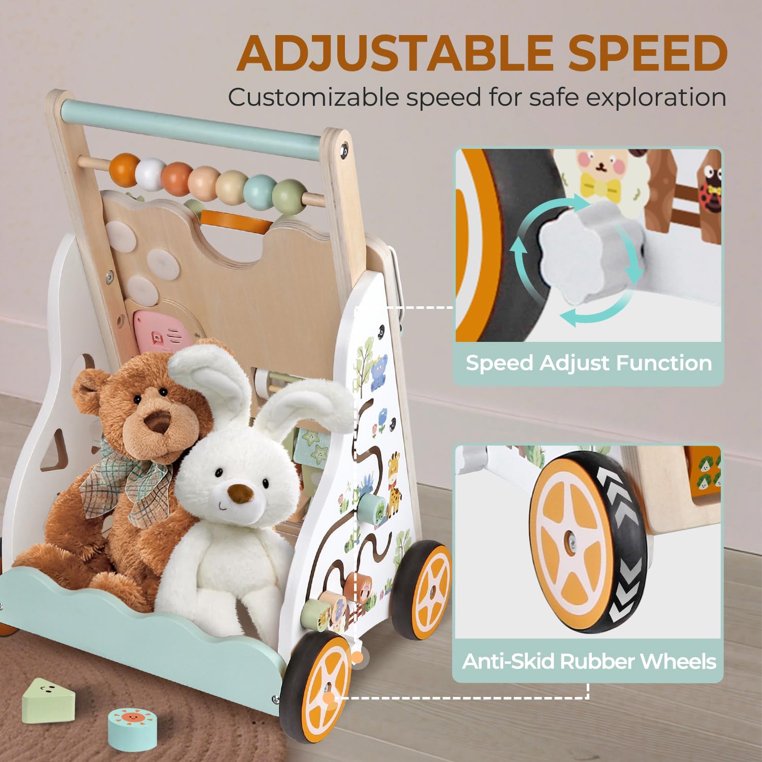 Trotteur en bois avec roulettes, centre d'activités Montessori pour garçons et filles, jouet à pousser réglable en vitesse et en hauteur pour tout-petits, cadeau éducatif pour enfants (Multicoloured)