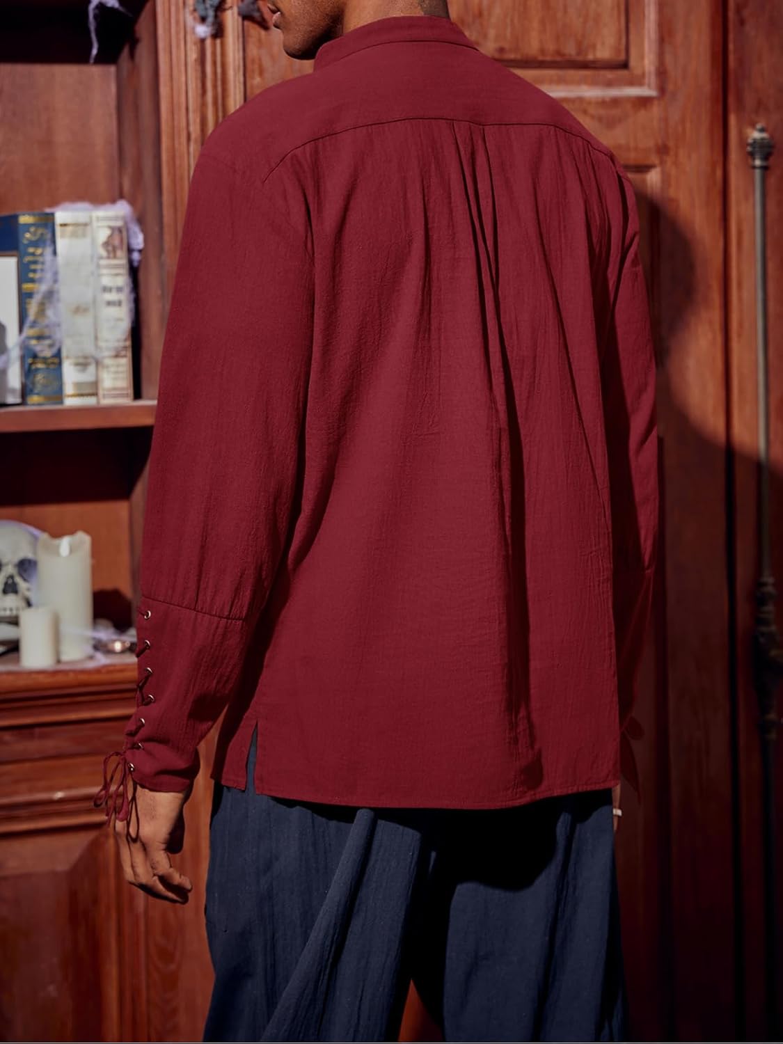 Runcati Mens Medieval Pirate Shirt Steampunk Renaissance Viking Retro Long Sleeve Lace Up Mercenary Halloween Costume Tops - Image 3